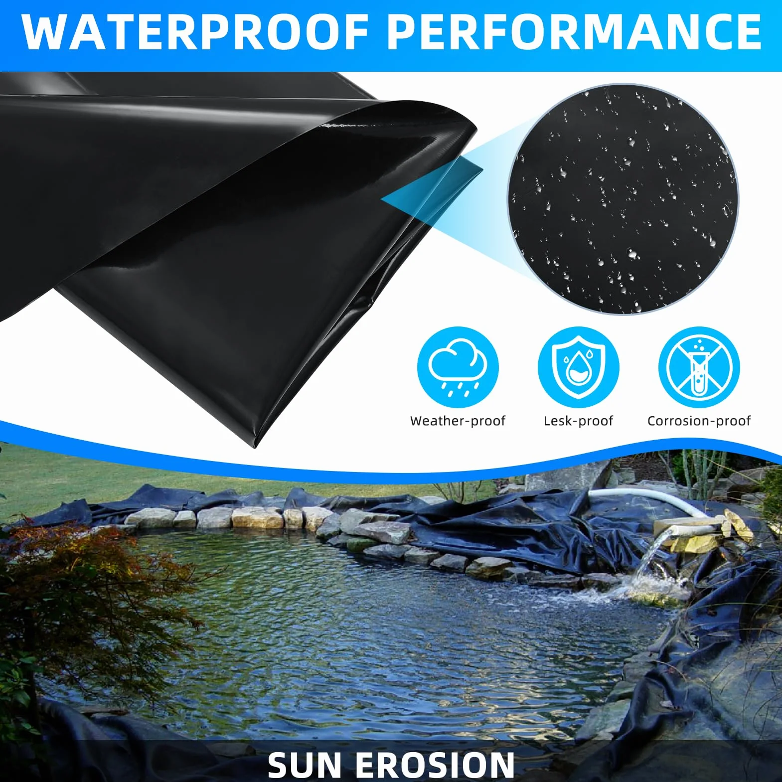Bâche de Bassin en PVC de qualité supérieure 6x8M, Noire, en PEHD, très résistante, Film d'étanchéité pour Bassin de baignade, bassins à Poissons, fontaines, Jardins Aquatiques et Cascades