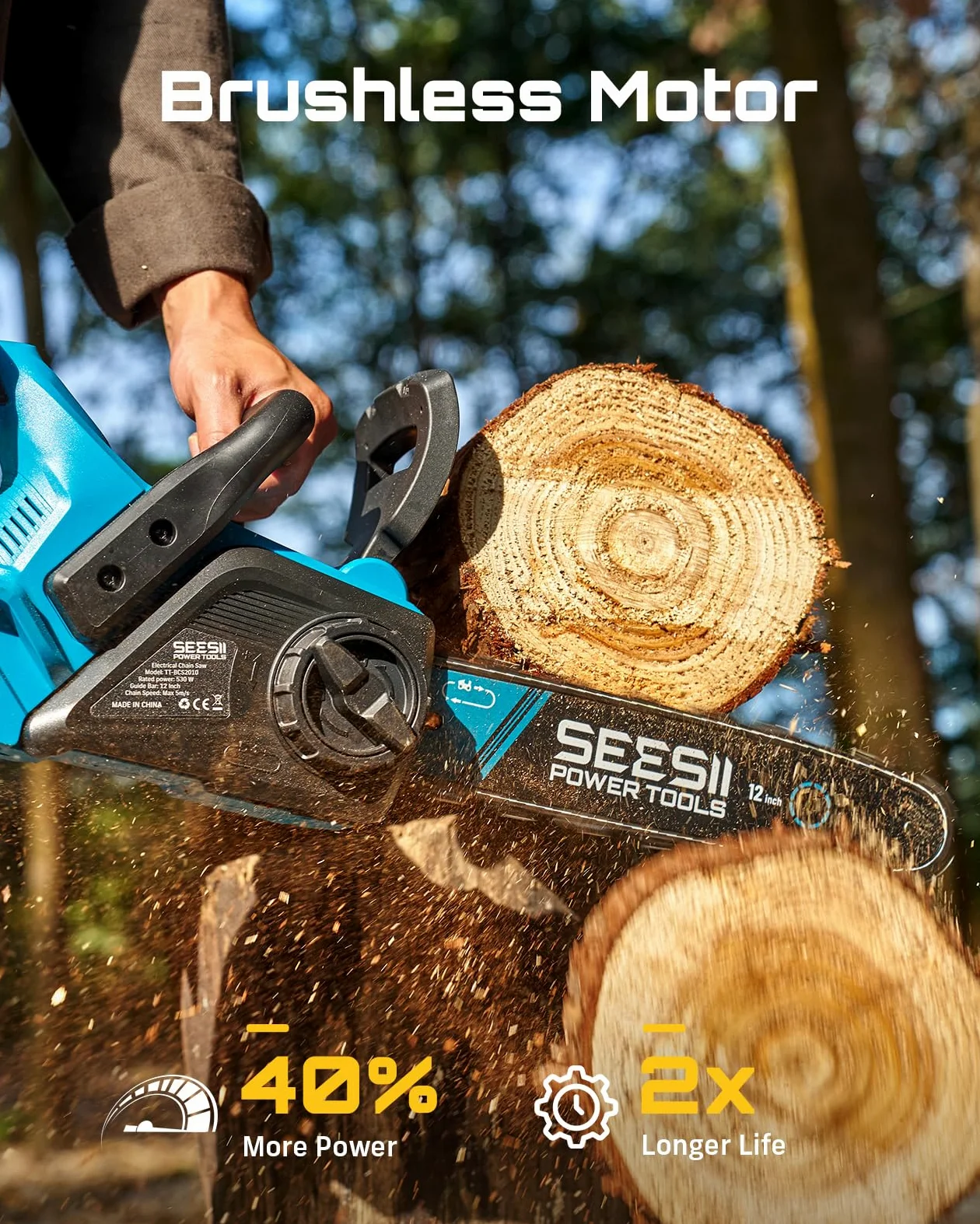 SEESII Tronçonneuse électrique sans fil de 30,5 cm, scie à chaîne portable avec 2 batteries de 4,0 Ah, scie à arbre avec tension de chaîne sans outil, huilage automatique pour coupe du bois