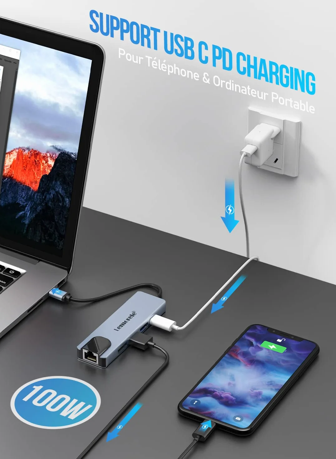 Lemorele Hub USB C 5-en-1 Adaptateur Multiport Ethernet RJ45 4K HDMI 2 USB 3.0 PD 100W