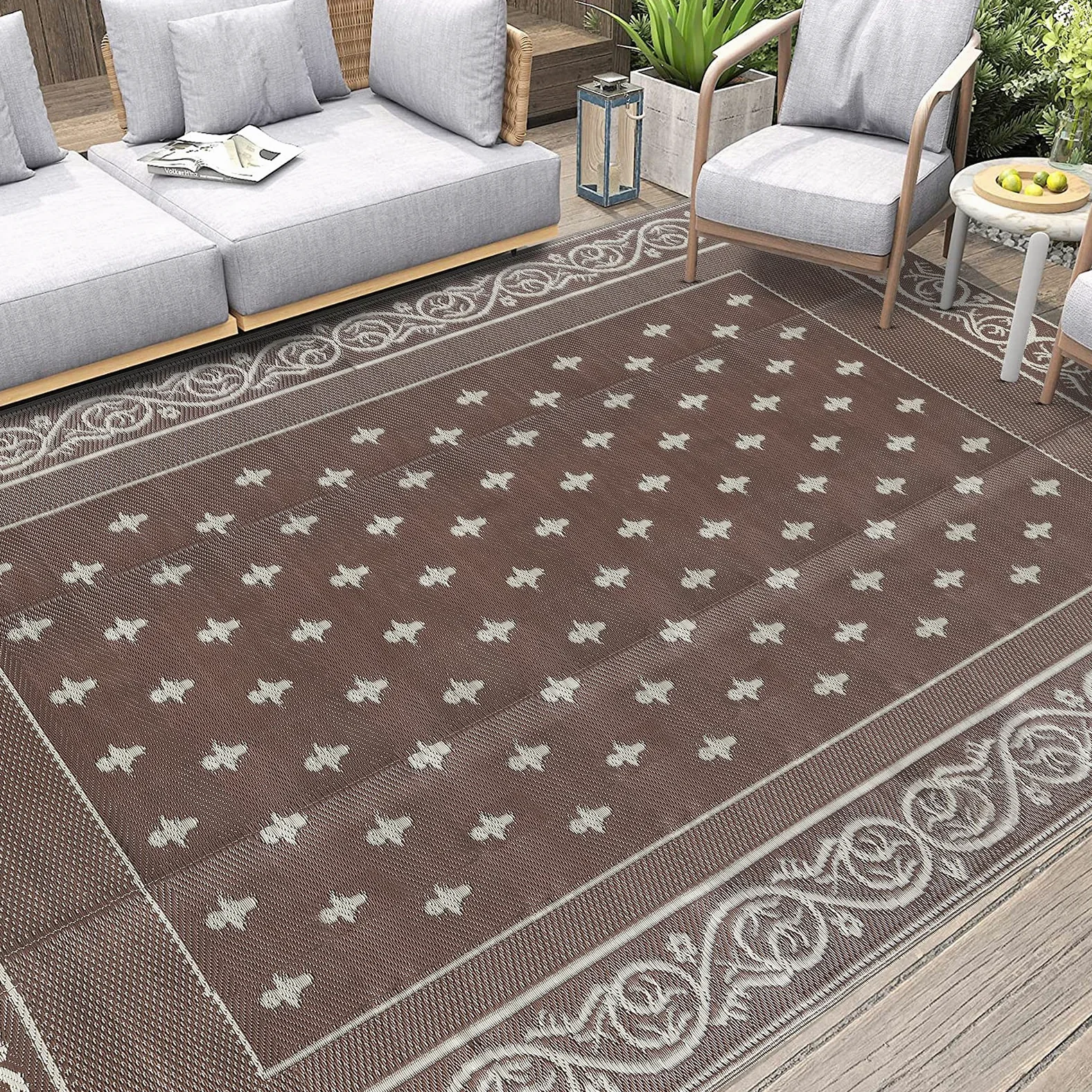 Pauwer Grand tapis de sol réversible en plastique imperméable de 2,7 x 3,6 m, pour extérieur, camping-car, jardin, terrasse, jardin, terrasse, pique-nique, plage, remorque, camping - Marron