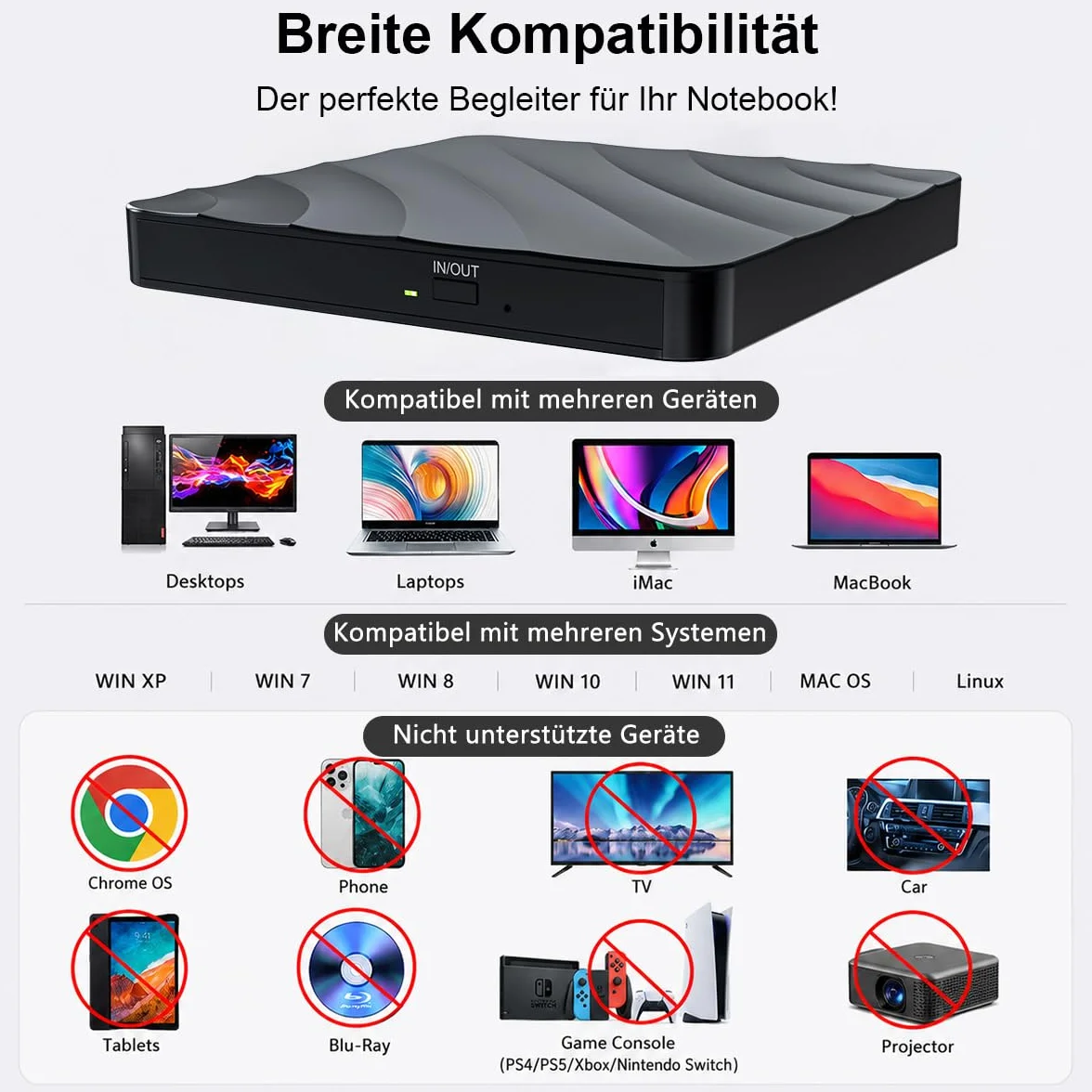 Lecteur CD DVD Externe USB 3.0 Graveur DVD RW pour PC Windows Mac OS Linux