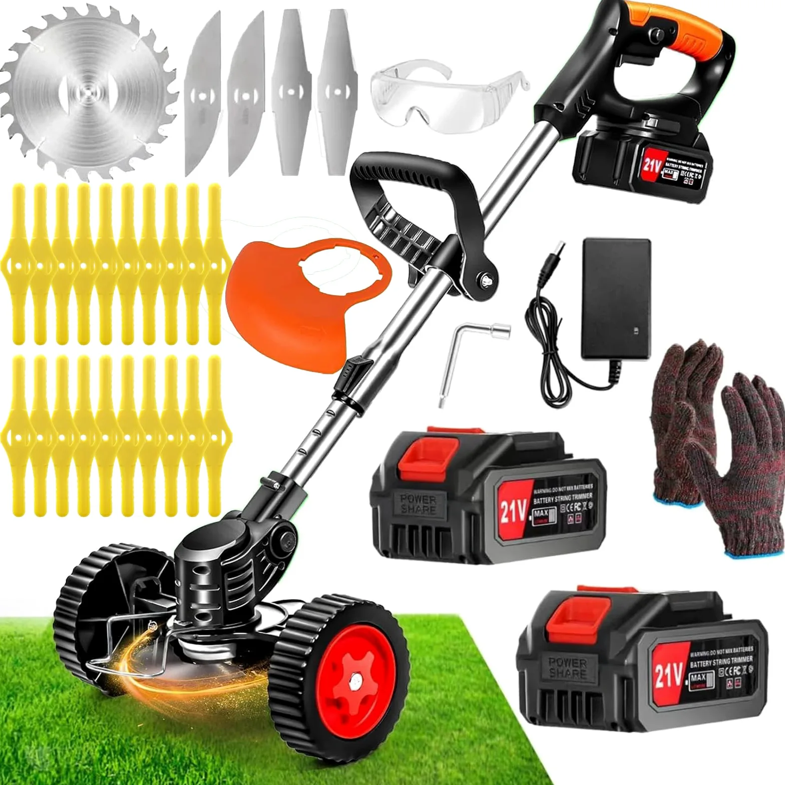 Débroussailleuse Electrique sans Fil,Coupe Bordure 2 Batteries 21v et Chargeur Taille Manche télescopique, Roues Amovibles réglables,Légère à Faible Bruit pour La Coupe De Jardin,Pelouses Arbustes