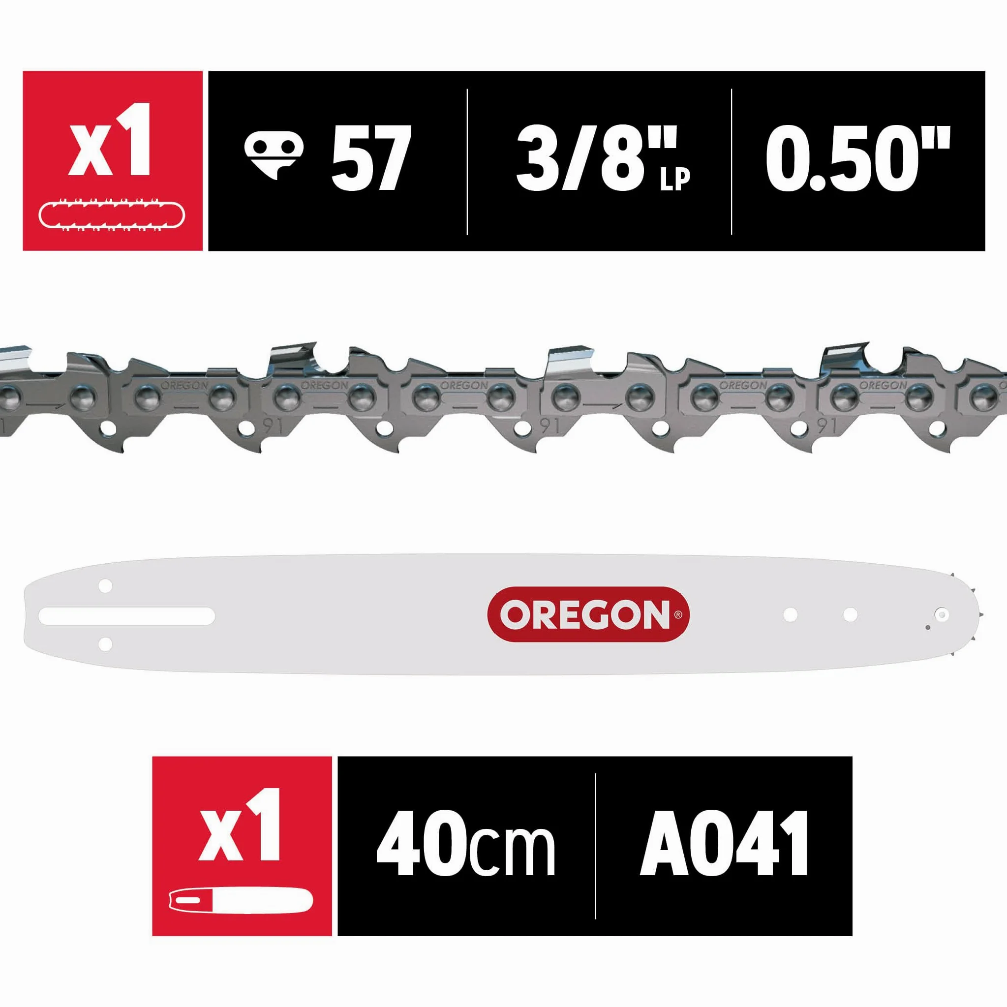 Oregon Chaîne et Guide de Tronçonneuse - Chaîne 3/8" Low Profile, 0.50 pouces (1.3mm), 57 maillons avec Guide A041 de 40cm, compatible avec Makita, Dolmar,Einhell, Gardena, Ryobi, Sterwins et autres