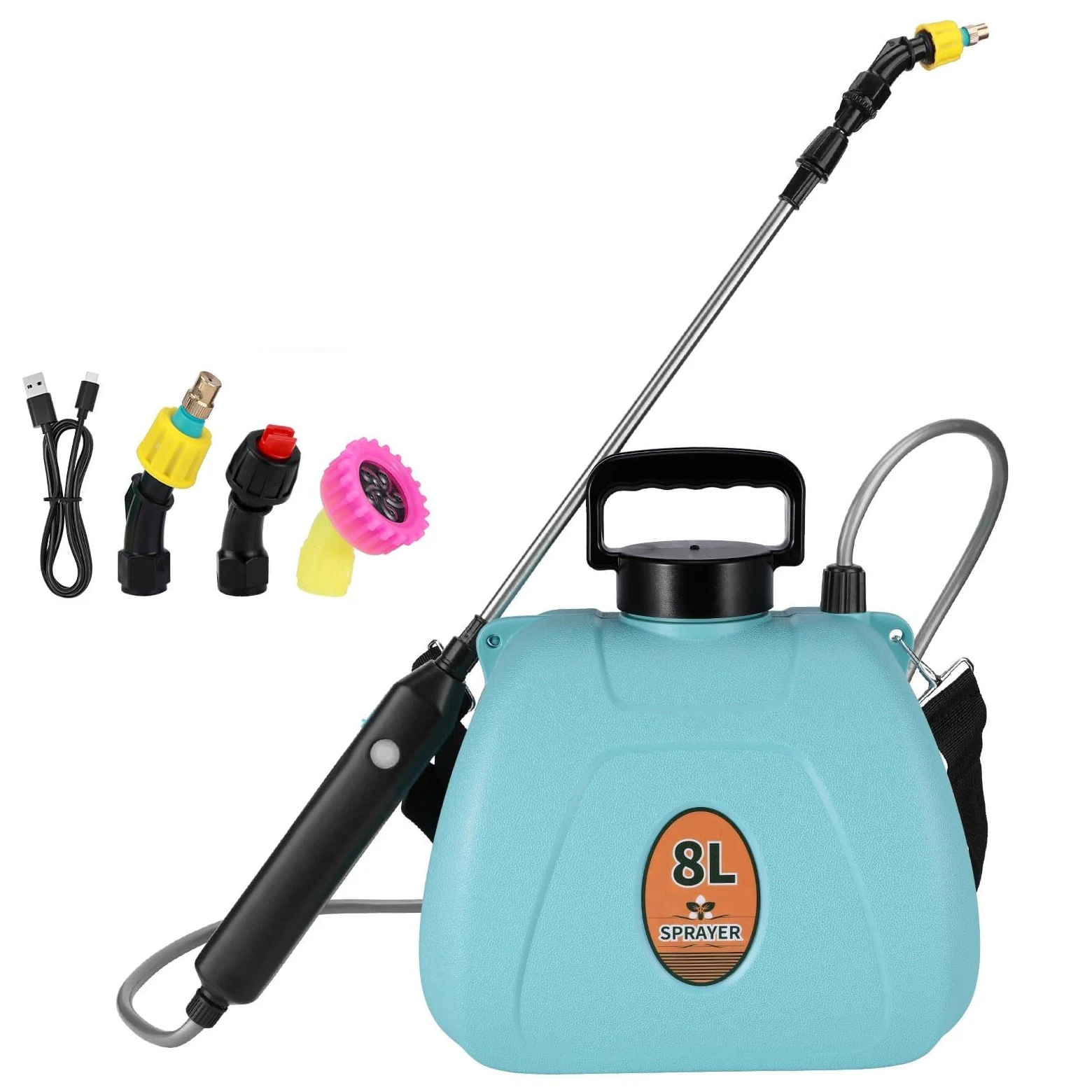 Pulvérisateur à Pression à Batterie 8L Pulvérisateur Électrique Puissant avec 3 Buses de Brume, Pulvérisateur de Jardin à Poignée Rechargeable avec Bandoulière Réglable (Bleu Clair)