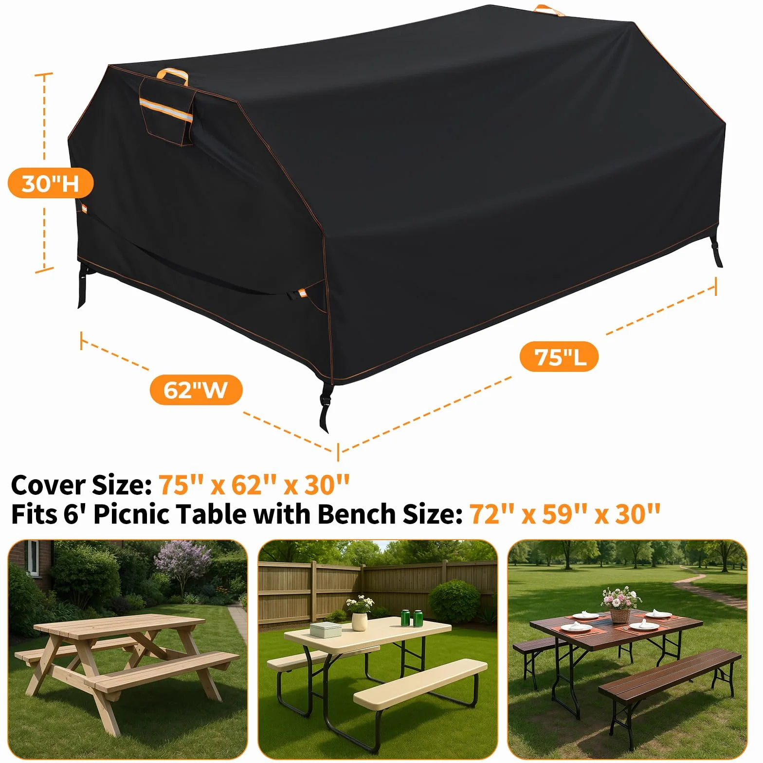 Housse de table de pique-nique en tissu Oxford 420D résistant au vent et aux UV 177,8 x 183 cm Noir