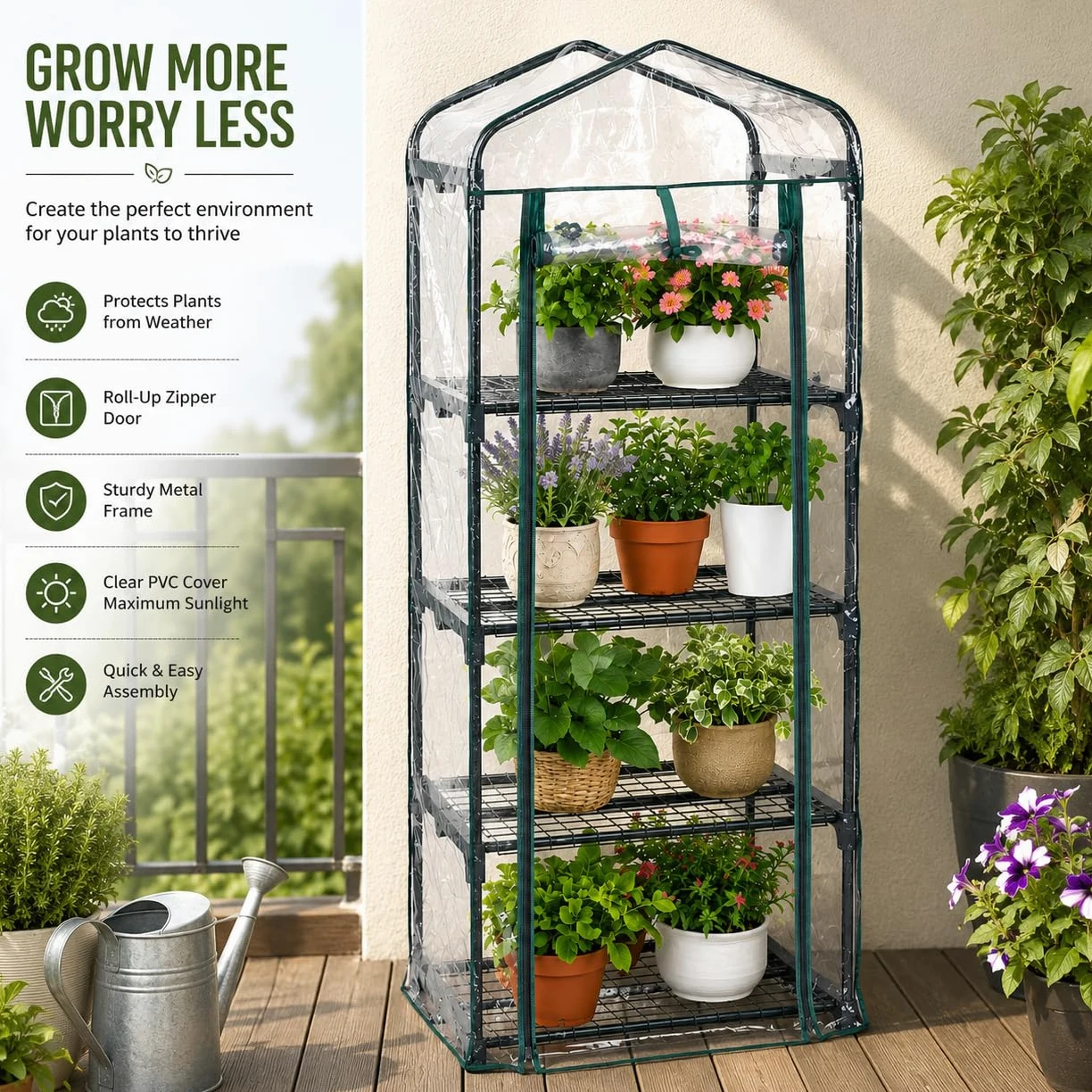 Mini serre de qualité supérieure à 4 niveaux avec cadre, étagères robustes, adaptée pour les plantes d'intérieur/extérieur, avec housse renforcée en polyéthylène enroulable résistante aux