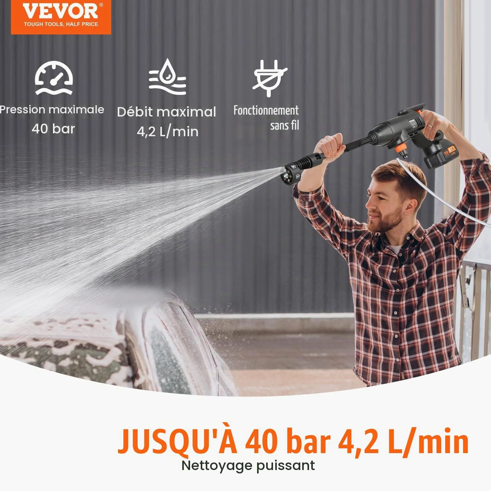 VEVOR Nettoyeur Haute Pression sur Batterie sans Fil 21 V Nettoyeur Haute Puissance Portable 580 PSI 40 bar Laveuse Électrique 4 L/min Batterie 4,0 Ah Chargeur pour Nettoyage Terrasse Jardin Voiture
