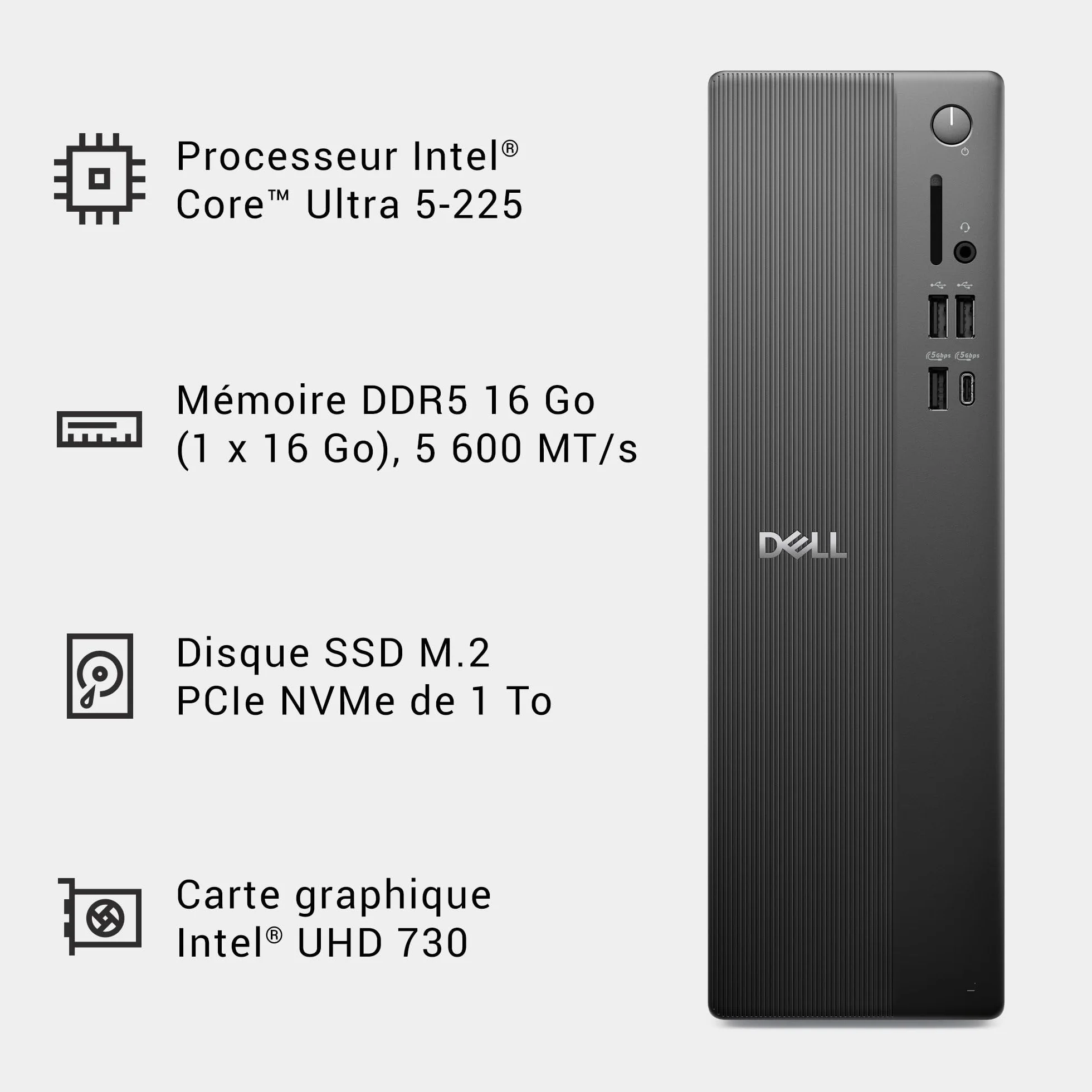 Dell Slim ECS1250 Ordinateur Fixe Intel Core Ultra 5 16Go RAM SSD 1To Wi-Fi 6 Bluetooth Windows 11 Home Noir