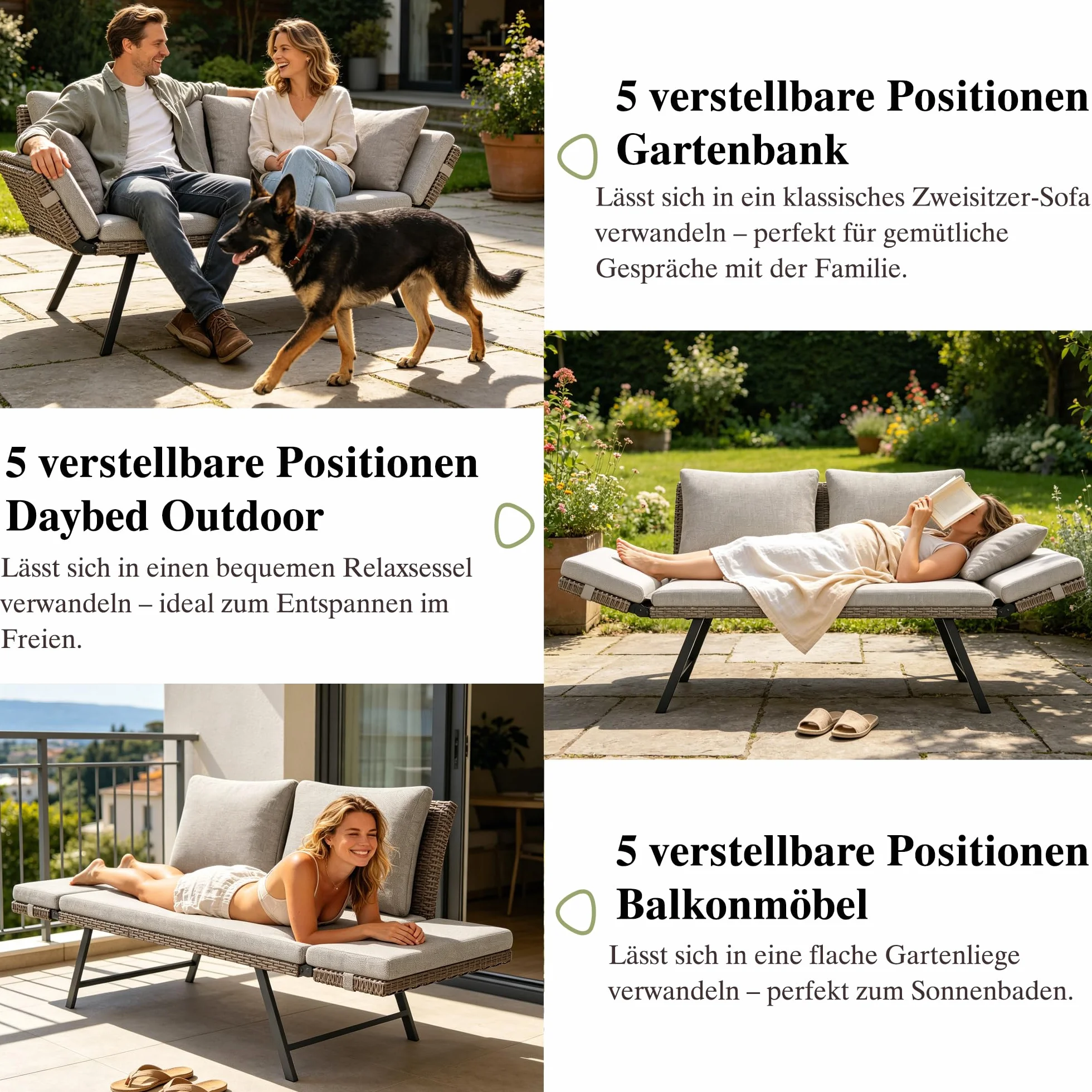 Lot de 2 Canapé de Jardin 2 Places en Poly Rottin avec Accoudoirs Réglables, Chaise Longue pour Terrasse Balcon Patio, Meuble de Jardin avec Coussins Lavables Beige