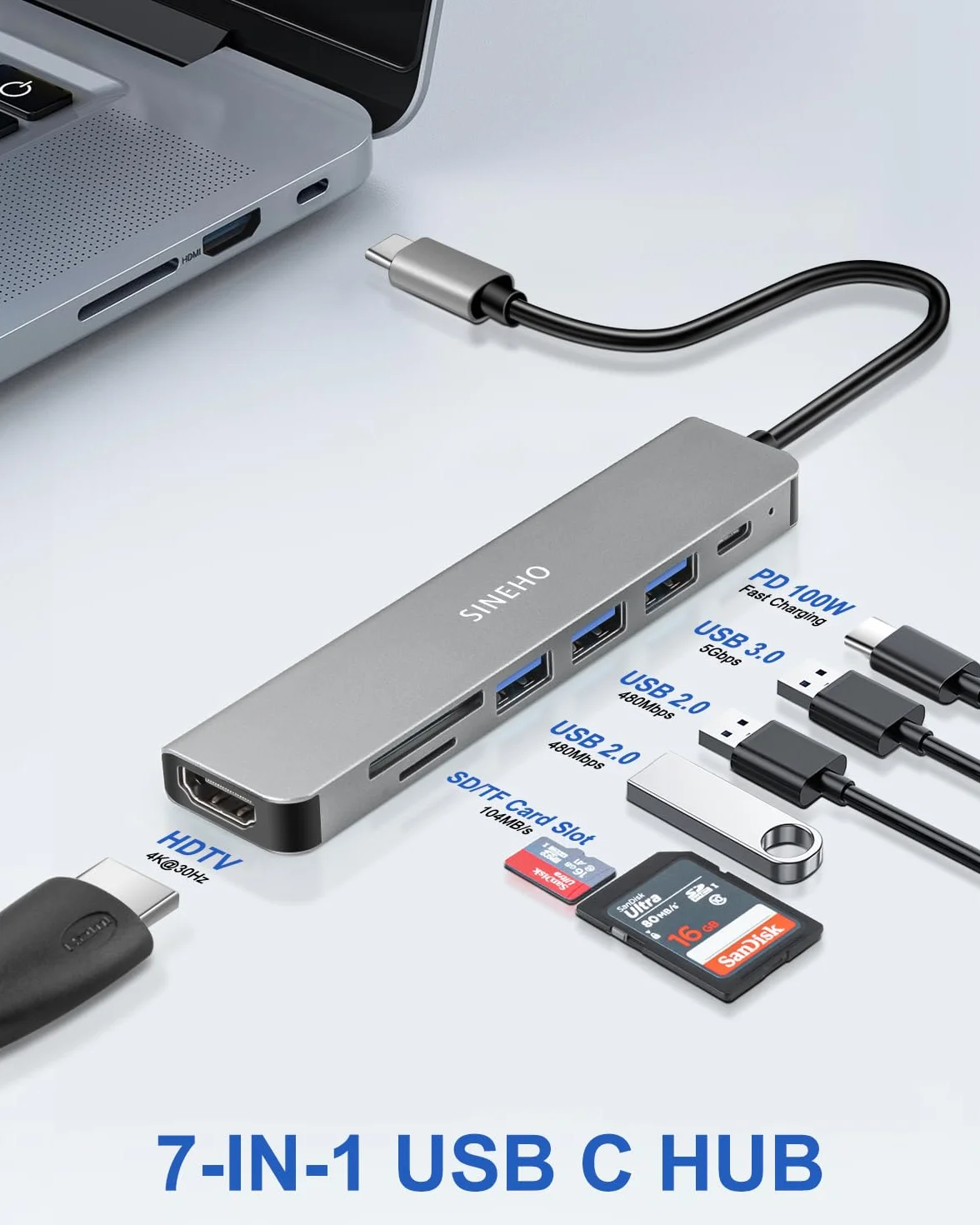 Hub USB C 7-en-1, Adaptateur USB C HDTV 4K 100W PD 3 Ports USB-A Lecteur de Cartes SD/TF