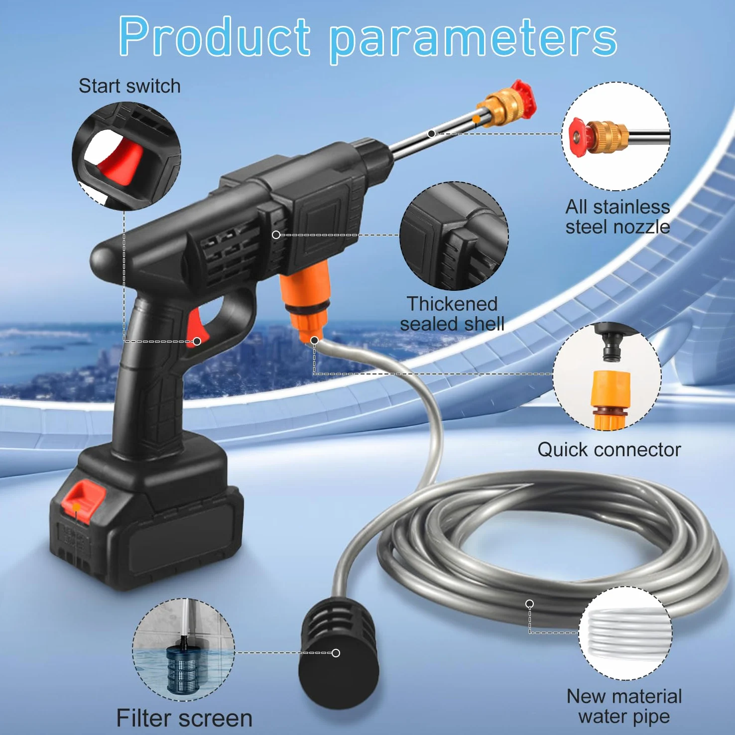 Nettoyeur Haute Pression sans Fil Portable Max 90 Bar avec 2 Batteries, Buse Multi-pulvérisation 6 en 1, Tuyau de 5M, Lance D'extension, Outil de Nettoyage de Voiture en Plein Air pour Jardin