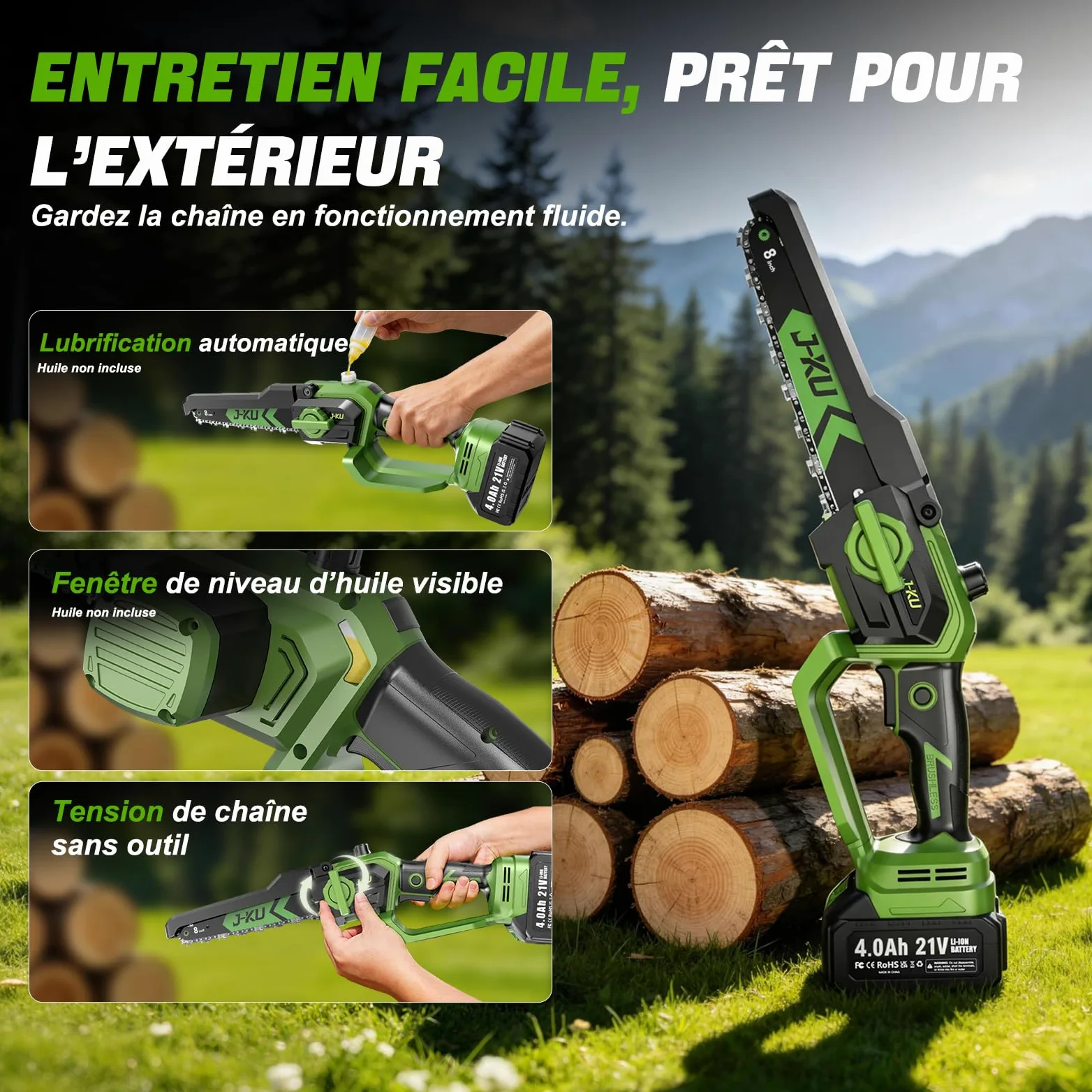 J-KU Élagueuse sur Perche 4 en 1 sans Fil avec Batterie, Mini Tronçonneuse 20 cm (8 Pouces) & Sécateur Électrique 35 mm, Perche Télescopique 2,6 m, 2×4000 mAh, Outils de Jardin