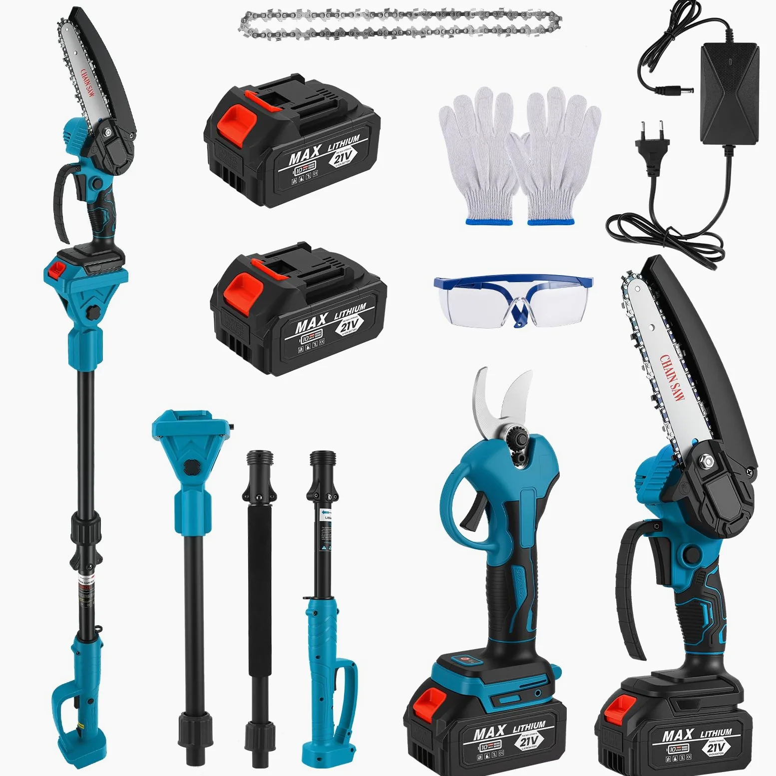 4 en 1 Élagueuse sur Perche sans Fil, 6'' Tronçonneuse Électrique Sans Fil, Secateur Electrique avec Perche Réglable de 1,32 à 2,3 m, avec 2 Batteries et Chargeur pour l'élagage et le Jardinage