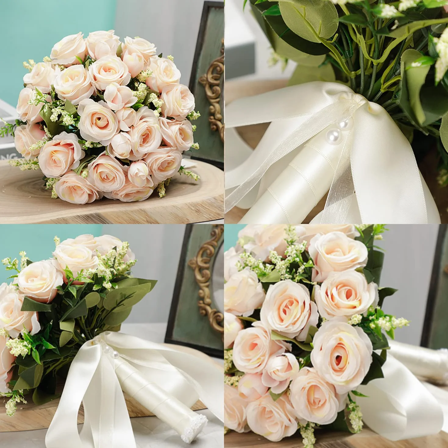 Bouquet de Mariée Fleurs de Rose Artificielles Romantique pour Mariage