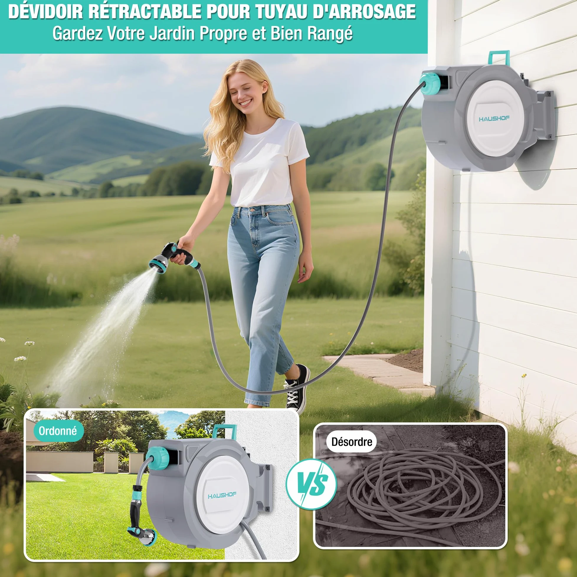 HAUSHOF Enrouleur de Tuyau d'Arrosage 30 m Mural Pivotant 180° | Enroulement Automatique, Buse de Pulvérisation 10 en 1, Idéal pour Jardins, Garages, Patios et Balcons
