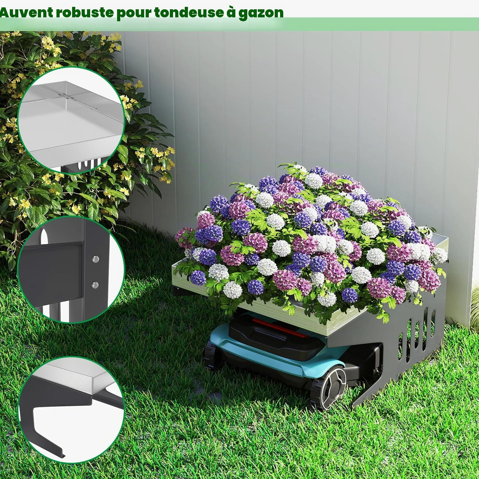 Toit de garage pour tondeuse robot - 70 x 60 x 43 cm - En métal - Protection contre la pluie et le soleil - Avec bac à plantes - Résistant aux intempéries - Pour la plupart des robots à gazon