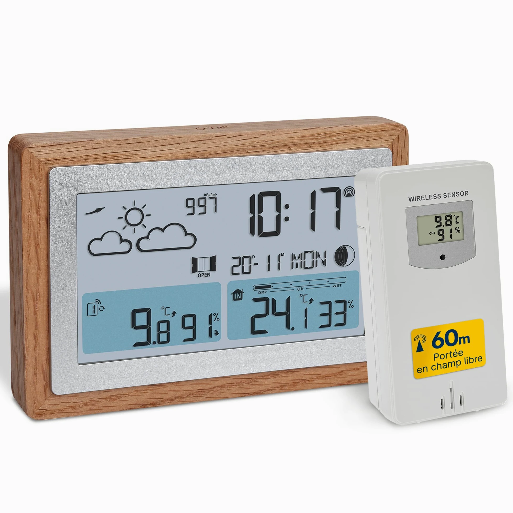 TFA Dostmann Station météo numérique, capteur extérieur sans Fil Oak, 35.1167.54, avec Cadre en Bois, température int./ext., recommandation de Ventilation, Horloge Radio-pilotée et réveil, Brun