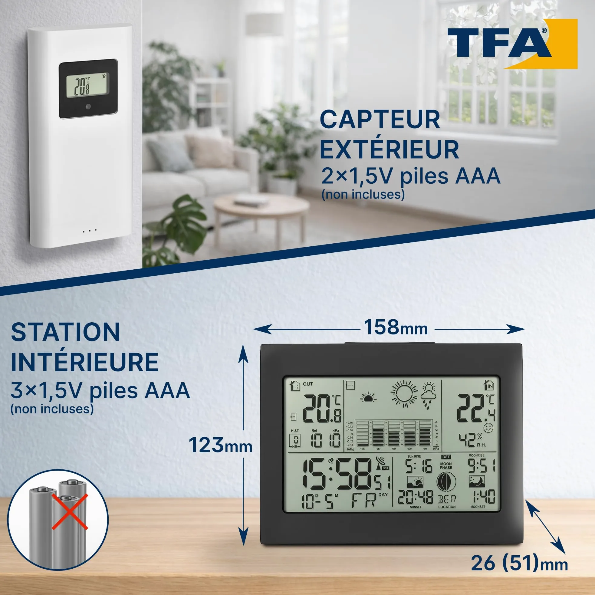TFA Dostmann Station météo sans fil Horizon, 35.1155.01, avec capteur extérieur, phase de lune, pression atmosphérique, lever/coucher du soleil, prévisions météo, horloge radio-pilotée, noir
