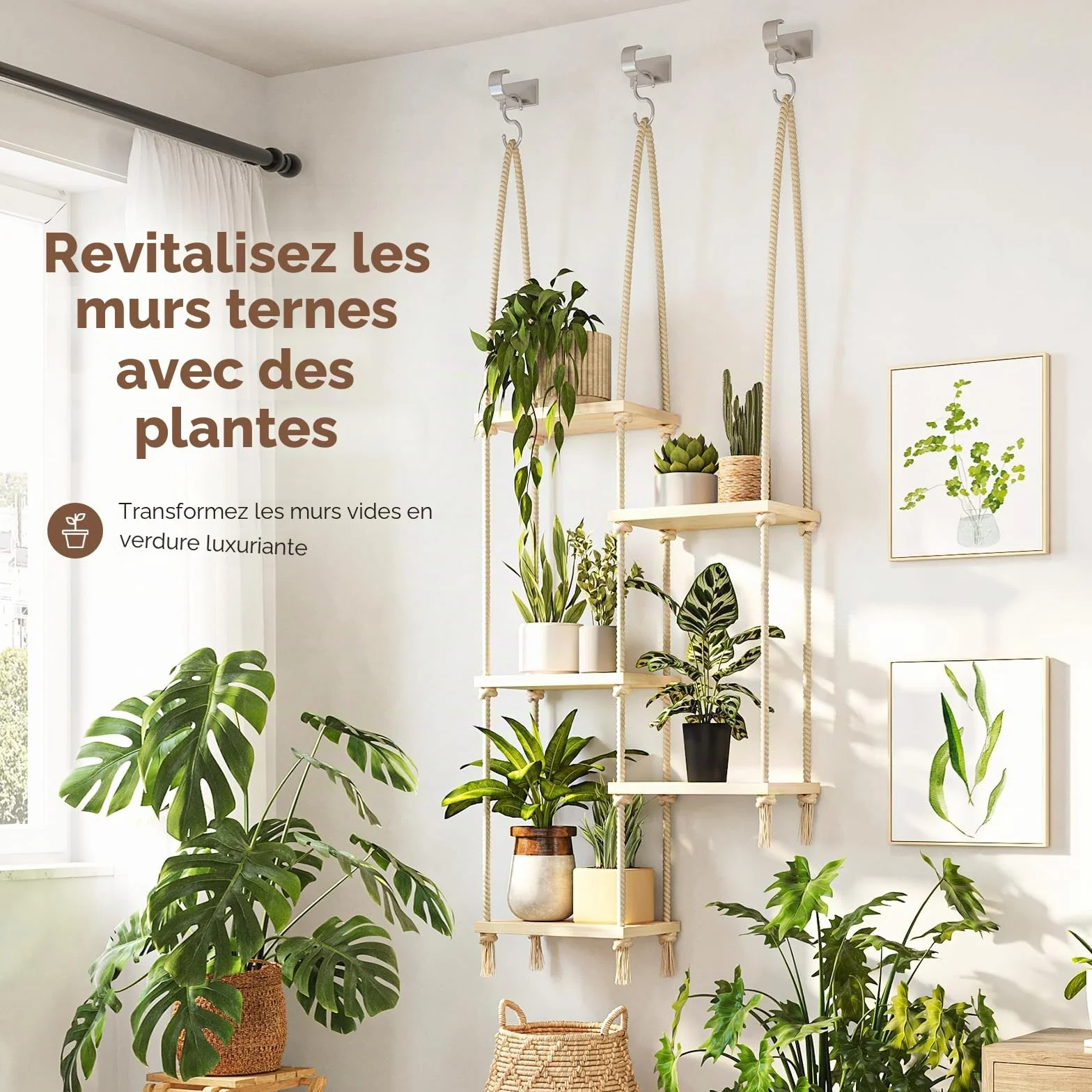 Bamworld Étagères suspendues murales en Bois pour Plantes d'intérieur - Support pour Rebord de fenêtre - Décoration Salon