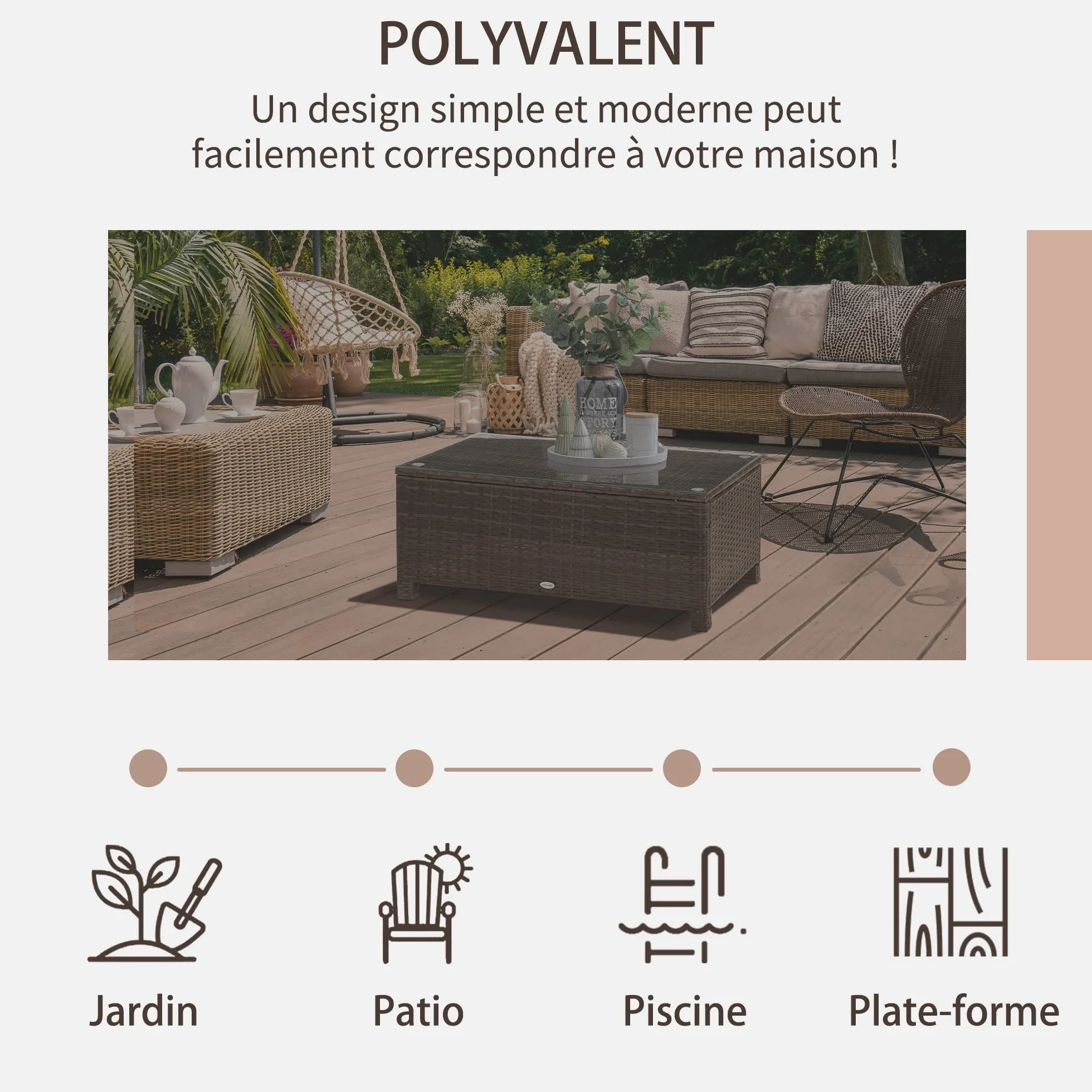 Table Basse de Jardin Outsunny Verre trempé 5 mm rotin tressé 85 x 50 x 39cm 50 kg Marron