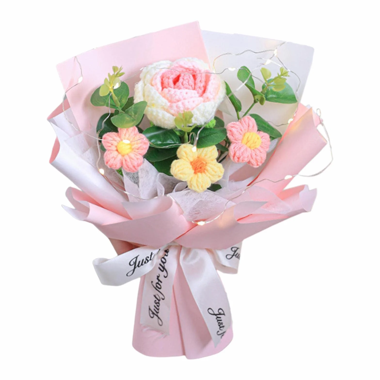 Bouquet de Fleurs Crochet Rose Tissé à la Main Polyvalent Ornement Tricoté Fête des Mères
