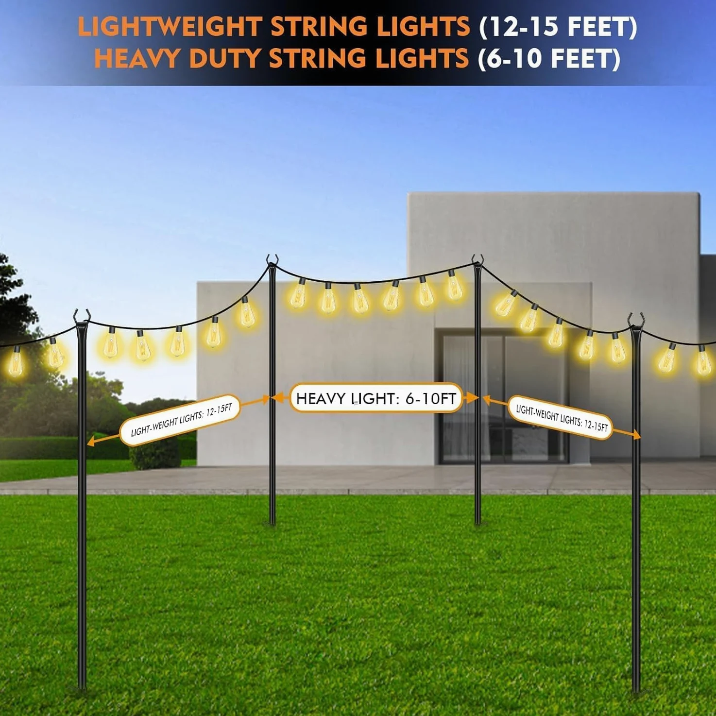 HoldOneLight Poteau pour guirlande lumineuse pour terrasse - Lot de 2 unités - 2,99 m en acier résistant - Support pour suspendre des lumières extérieures, jardin, cour, arrière, idéal pour fêtes