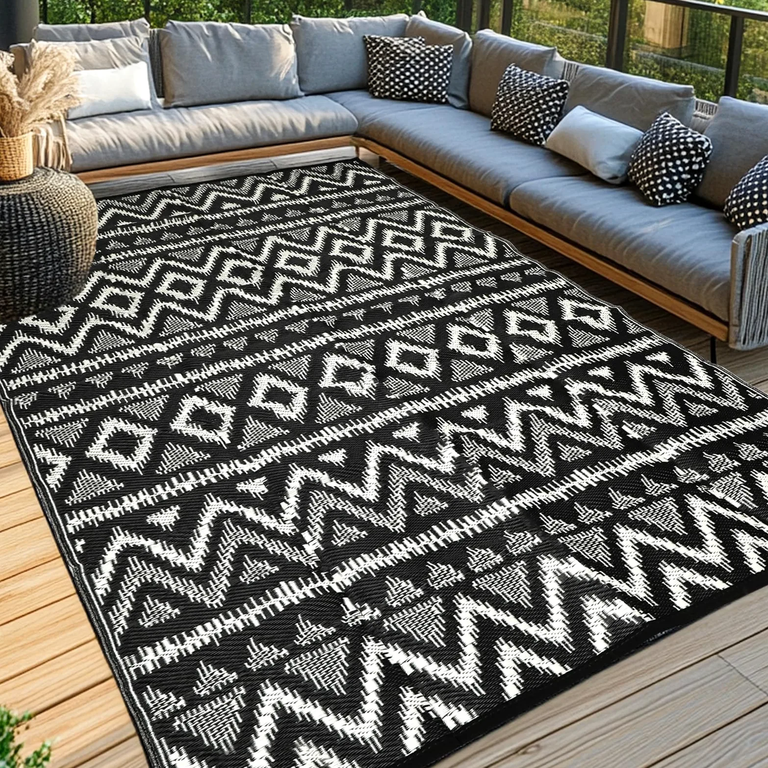 Tapis d'extérieur imperméable de 2,7 x 5,5 m, Tapis réversible en Paille en Plastique, Facile à Nettoyer, Tapis Portable pour Patio, Camping-Car, terrasse, Balcon, Jardin, Pique-Nique, Plage, Diamant