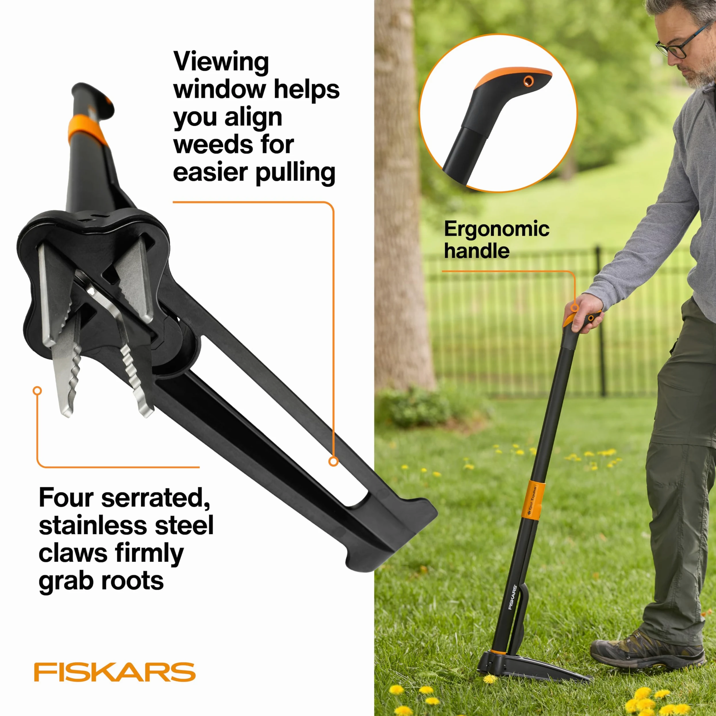 Fiskars Outil d'arrache-mauvaises herbes, 4 griffes dentelées, acier inoxydable, retrait permanent, la plate-forme de pied renforcée pénètre les sols durs, poignée ergonomique et décalée, 99,1 cm