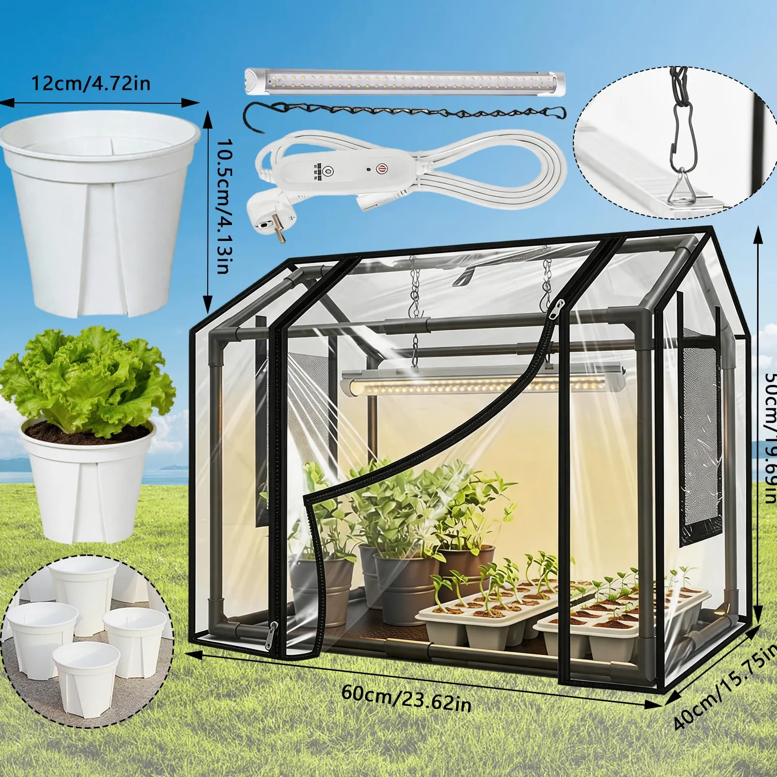 Kit de Plantation, Serre de Jardin 60 x 40 x 50 cm avec Six Petits Pots de Fleurs et Lampes pour Plantes Mini Serre de Jardin PVC Housse pour Plantes Isolante Transparente pour Jardin et Balcon