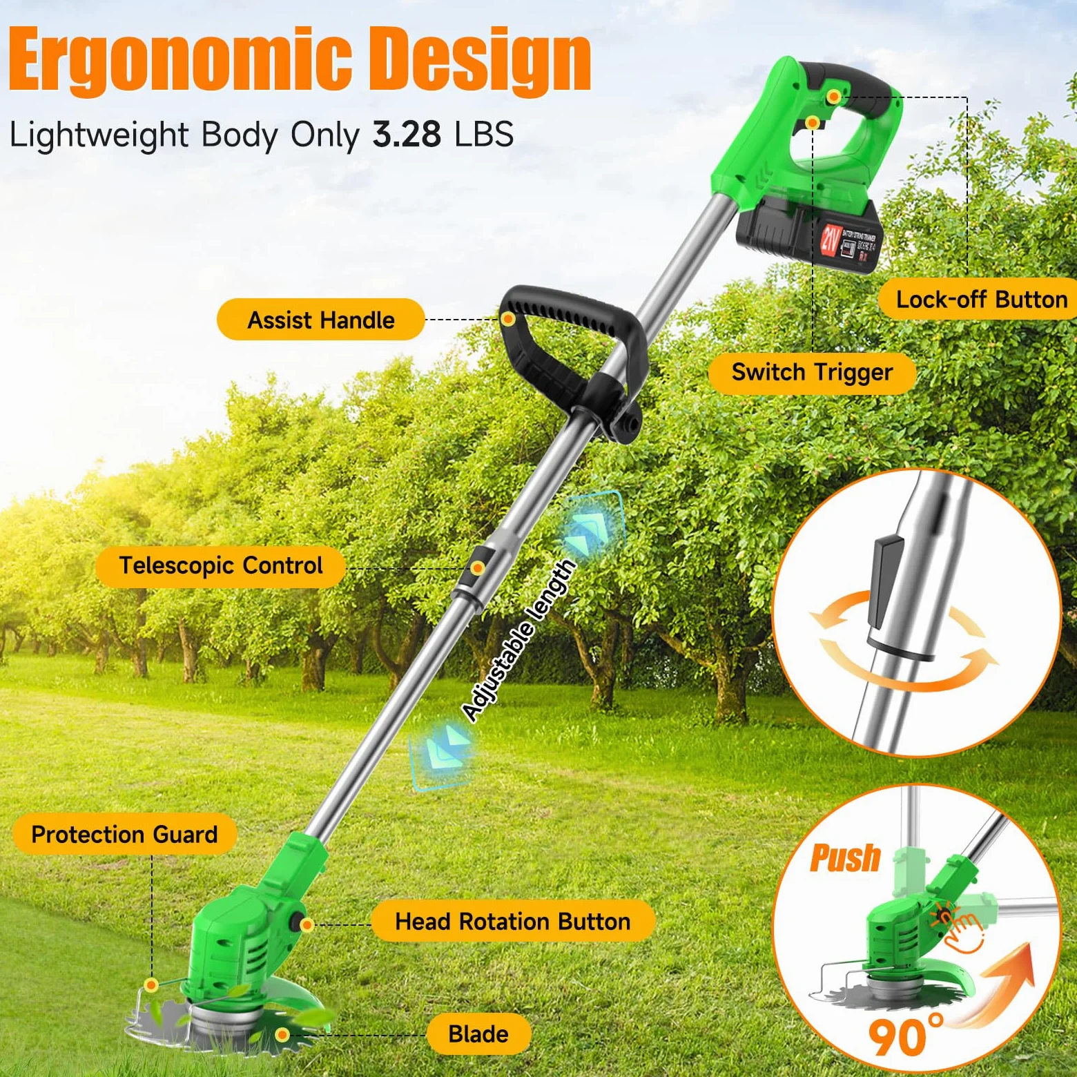 Désherbeur électrique sans fil, avec 2 piles, 1 chargeur, 3 types de lames, alimentation par batterie légère pour cour et jardin (vert)