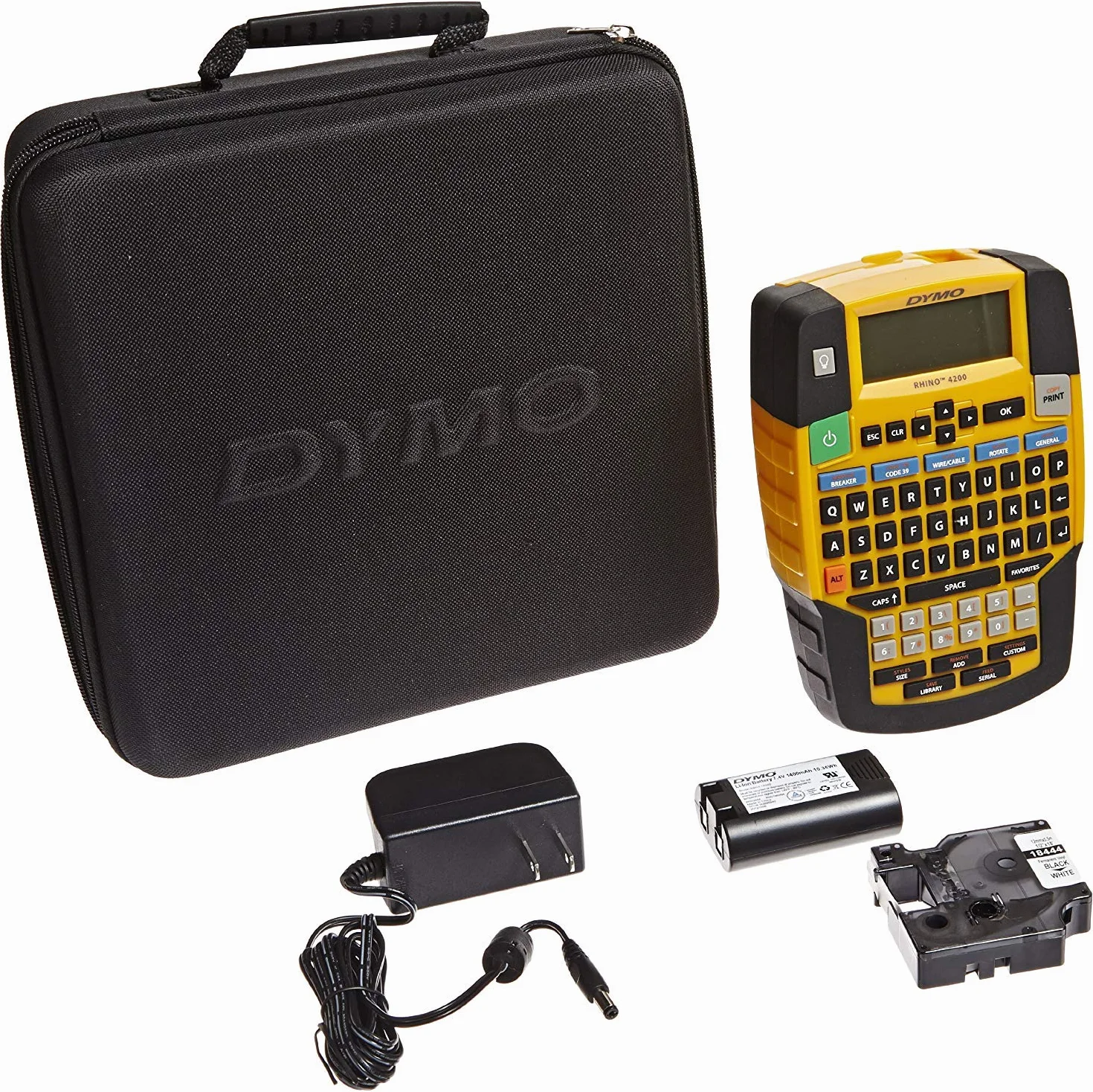 DYMO RHINO 4200 Kit imprimante étiquettes transfert thermique noir jaune QWERTY 1,9 cm Code 128 39 AA