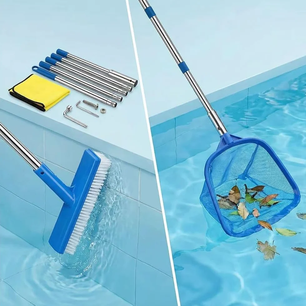 Epuisette Piscine avec Manche Telescopique 225cm, Brosse et Chiffon Nettoyage