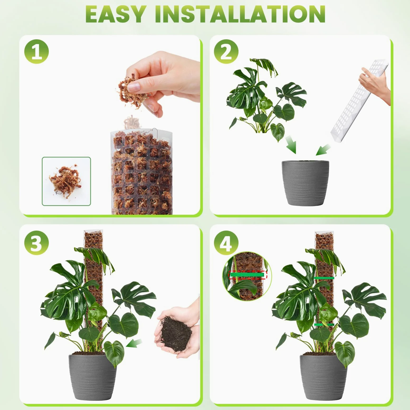 EOX Lot de 4 piquets en plastique de 61 cm pour Monstera, grands poteaux en forme de D pour plantes grimpantes, travail avec mousse de sphaigne, piquets de 228,6 cm, attaches de jardin