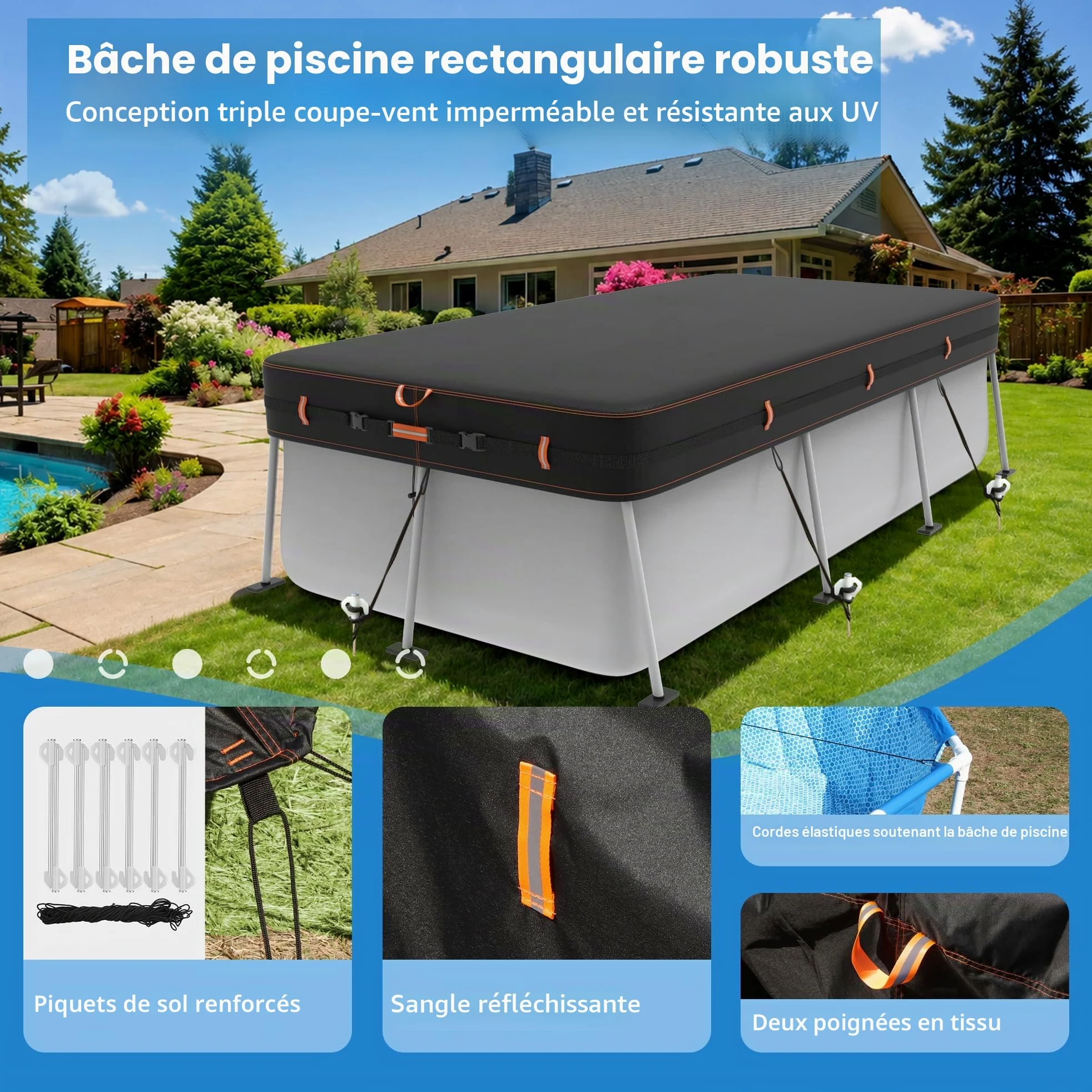 BâChe Rectangulaire 420D pour Piscine Hors Sol, RéSistante Aux UV Et Aux DéChirures, Disponible en Plusieurs Tailles 284x558cm, Protection Coupe-Vent avec Bandes RéFléChissantes.