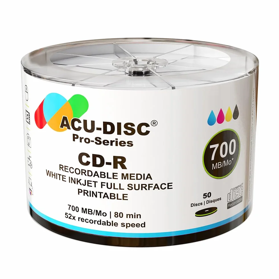 Lot de 50 CD-R 52x 700 Mo 80 minutes Blanc brillant imprimables à jet d'encre