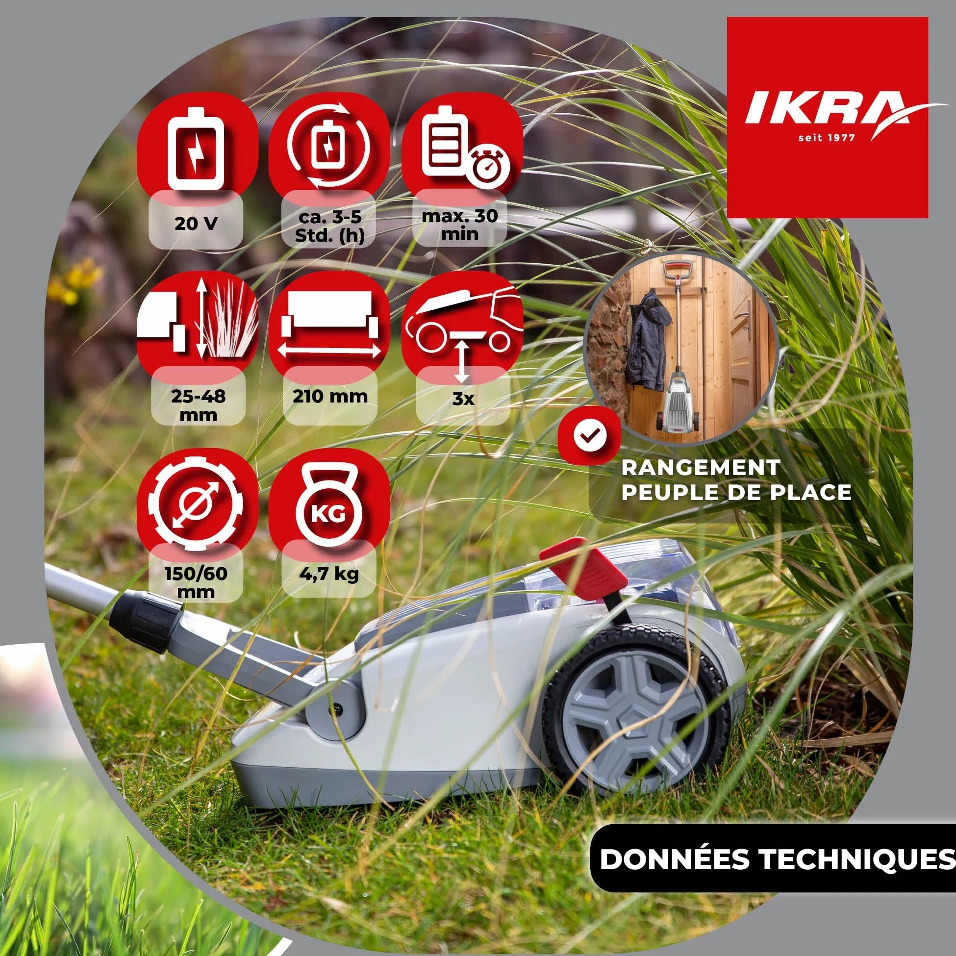 IKRA Tondeuse à Gazon sans Fil ICHM 20, avec Batterie 20 V et Chargeur | Avec fonction mulching, recommandation pour 50 m², largeur 21 cm, hauteur de coupe 25-48 mm, gamme de batteries 20 V d'IKRA