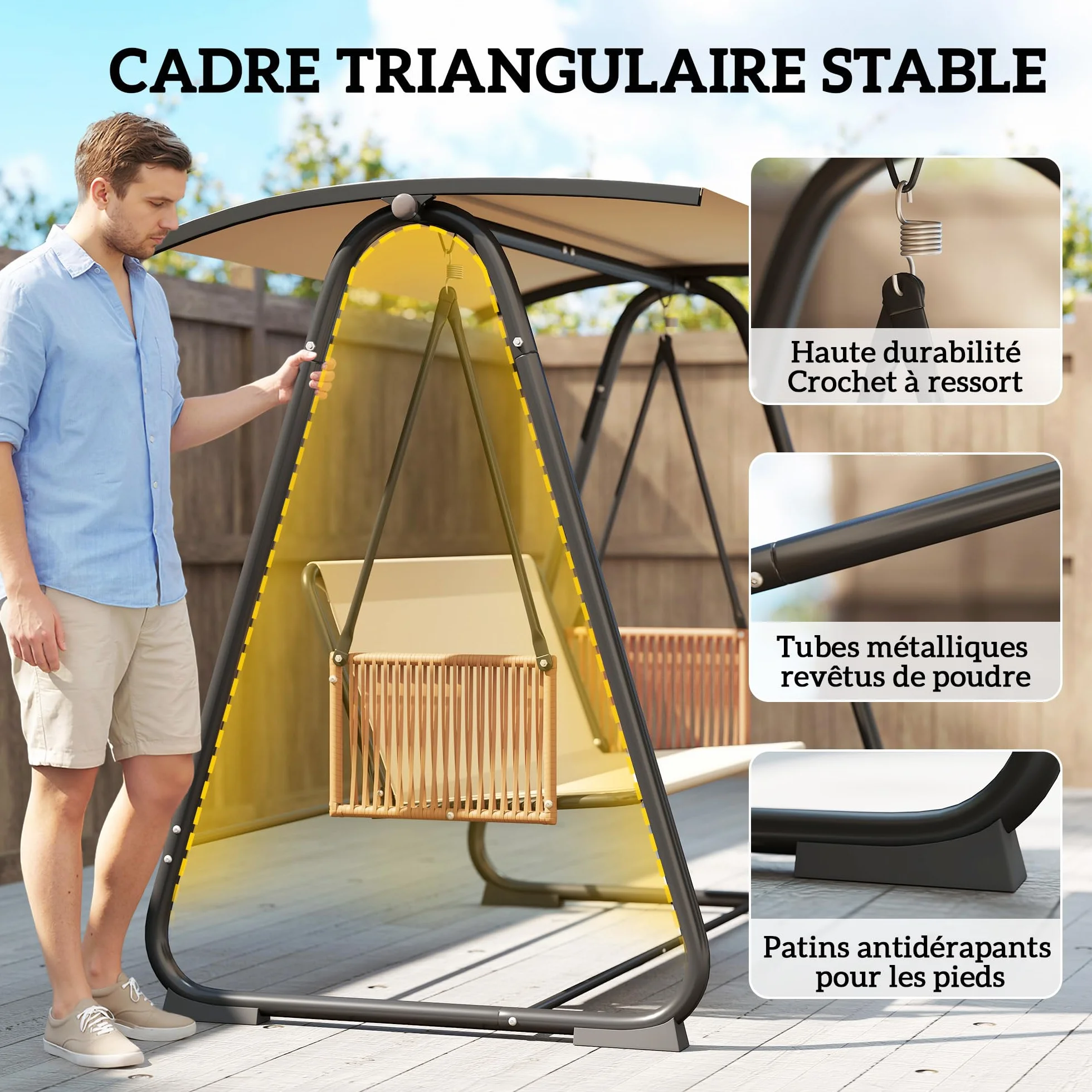 Outsunny Balancelle de Jardin 3 Places Toit Réglable UPF 30+ Acier 360kg Coussin 7cm Banc Suspendu Extérieur Terrasse Sable