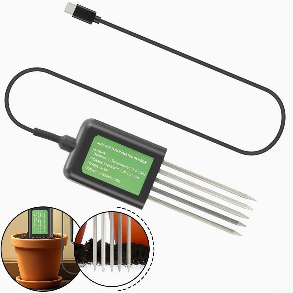 Bodenfeuchtesensor USB 8 en 1 avec PH/EC/Temperatur/Feuchtigkeitsmessung, IP68 wasserdichtes Epoxidharz und Metallsonde, kompatibel mit Android, noir
