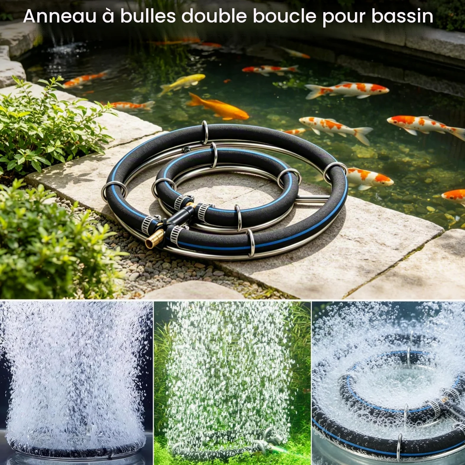 Aérateur De Bassin, Anneau D'aération De 25cm pour Bassins Double Cadre en Acier Inoxydable Diffuseur D'oxygène pour Bassin à Poissons avec Tuyau d'air De 5M Tube De 8mm De Diamètre