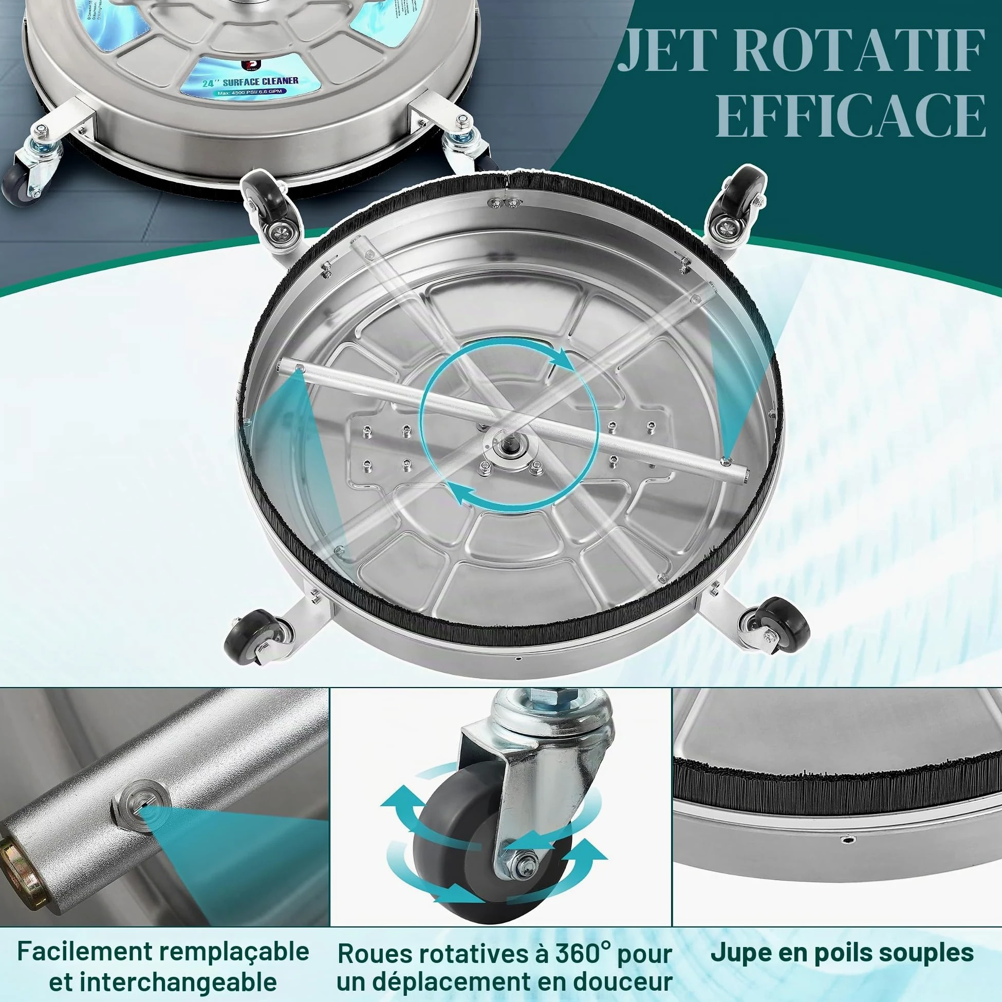 Tool Daily Nettoyeur de Surface Haute Pression avec Double Poignée, 60 cm | Nettoyeur de Terrasse pour Nettoyeur Haute Pression avec Roues, Acier Inoxydable, Idéal pour Allée, Trottoir et Patio, 310bar