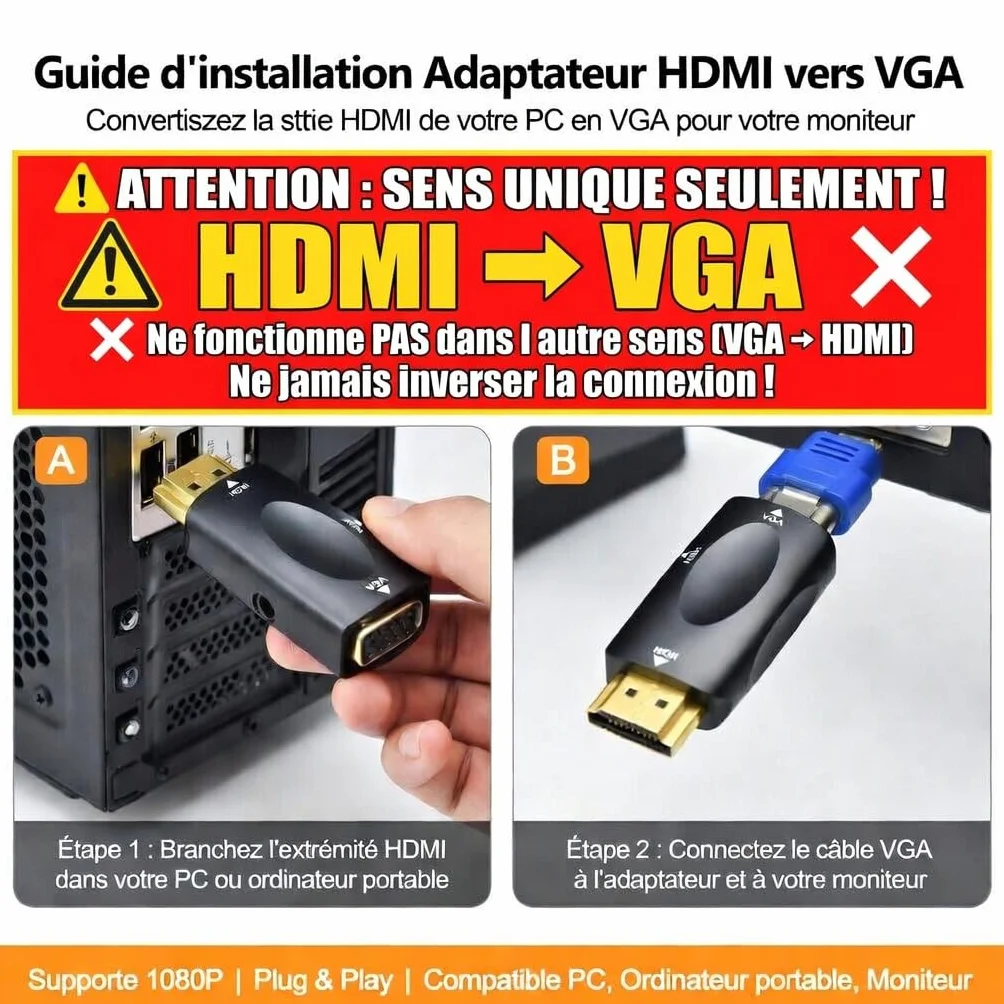 Adaptateur HDMI vers VGA Audio 3.5mm Convertisseur HDMI mâle VGA Femelle 1080p
