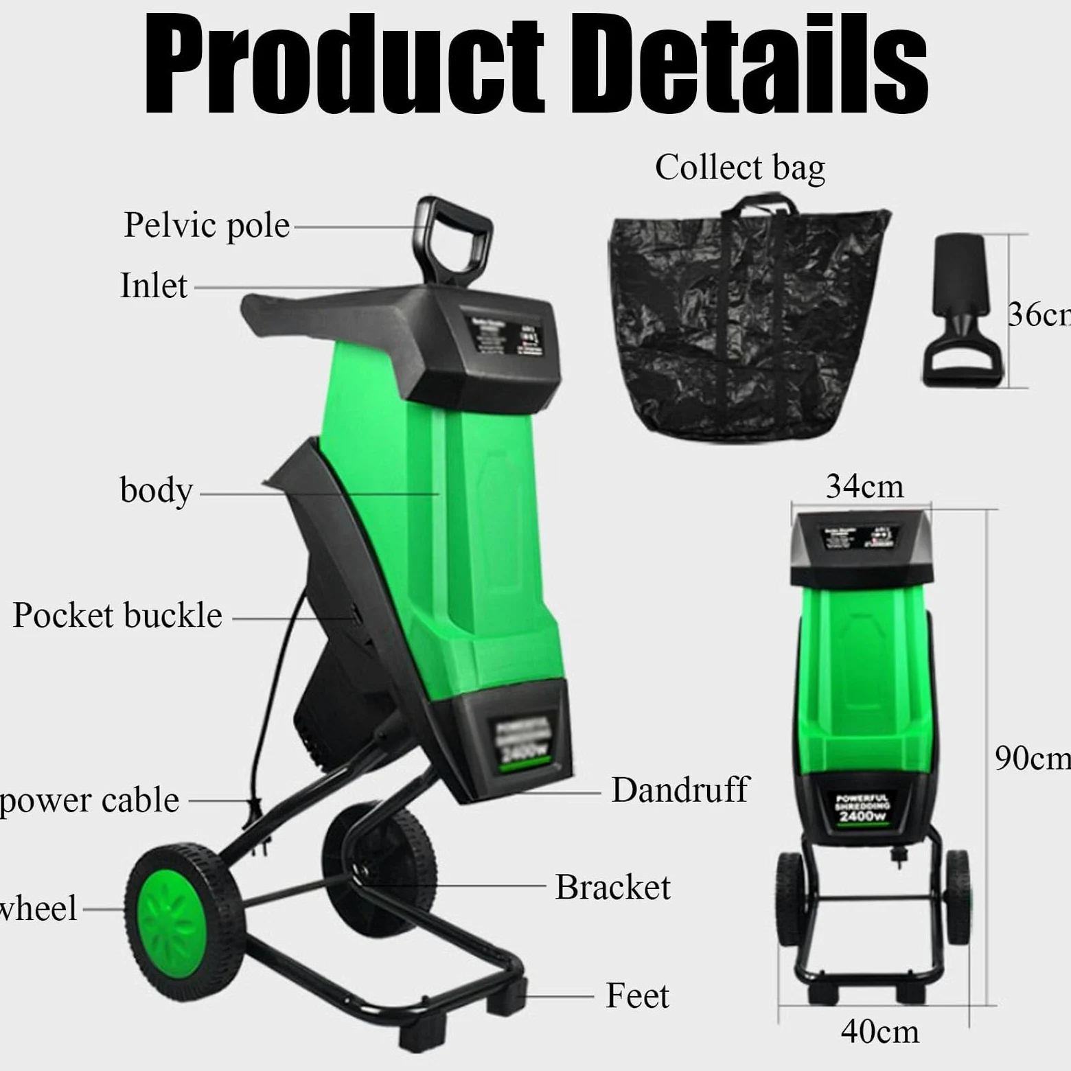 Destructeur de jardin électrique portable avec sac de débris de 50 L, puissance de 2400 W, Diamètre De Coupe Max. 40 Mm Et Vitesse À Vide De 4500 TR/Min, pour Pelouse Et Jardin