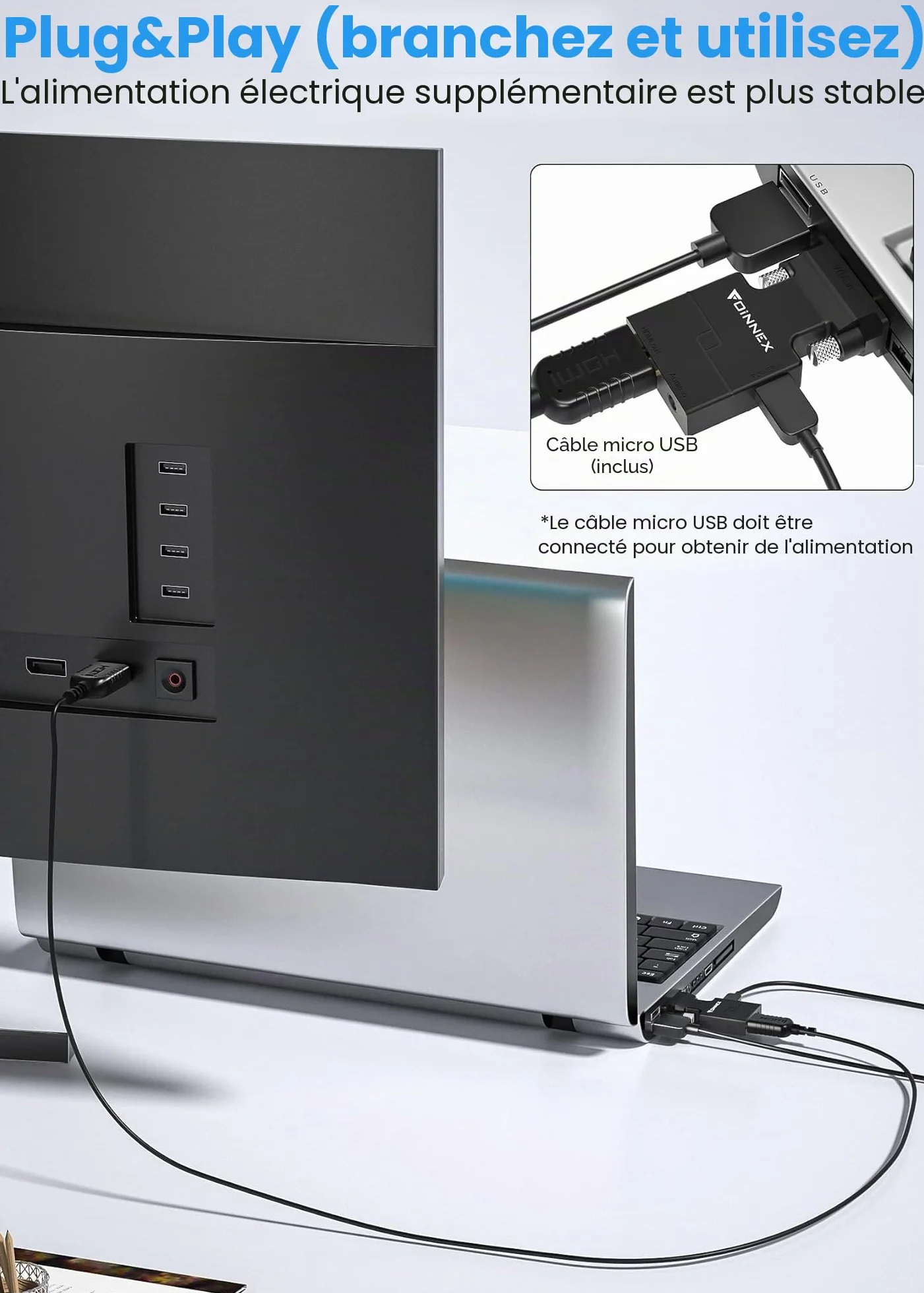 FOINNEX Adaptateur VGA vers HDMI 1080p Convertisseur Actif HDMI Femelle