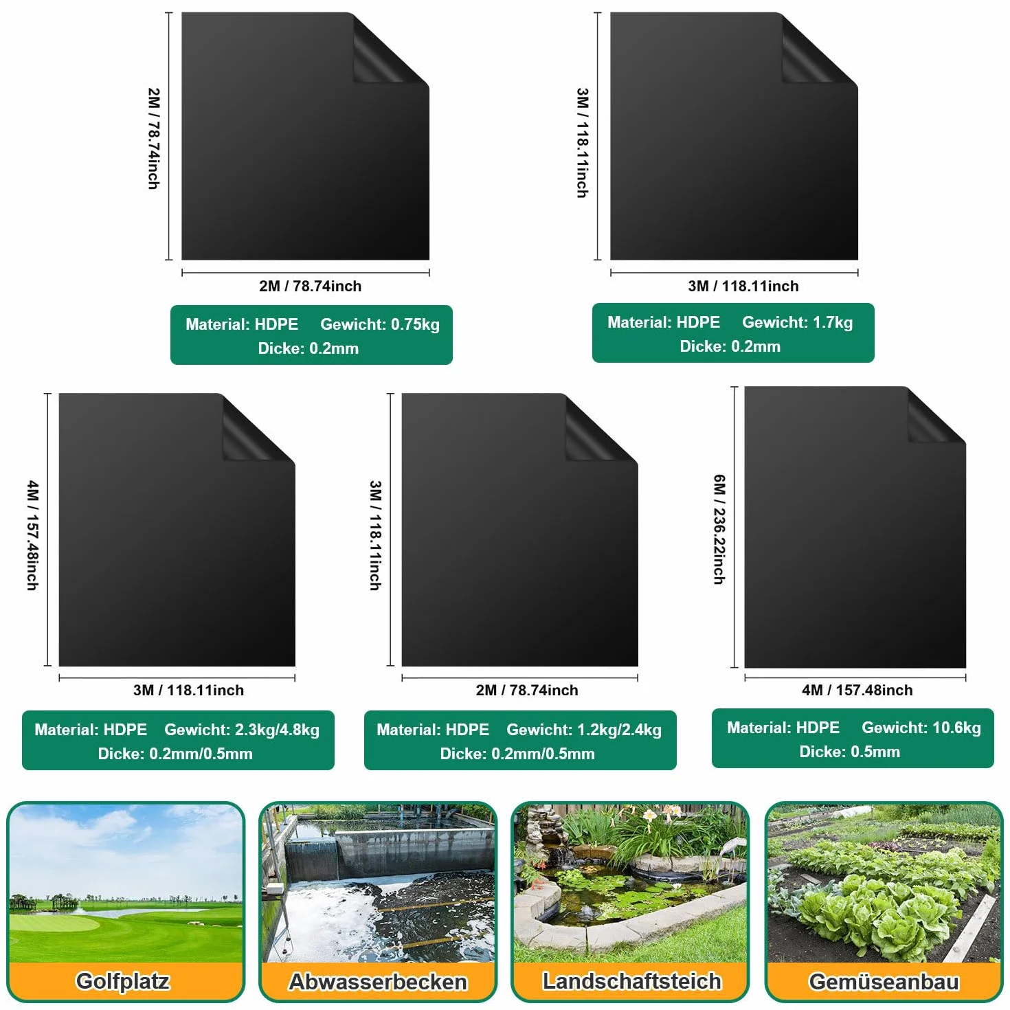 Bâche pour bassin - 3 x 4 m - Noir - 0,5 mm - PEHD - Haute résistance à la traction - Pour bassins à poissons, étangs de natation et projets de jardin