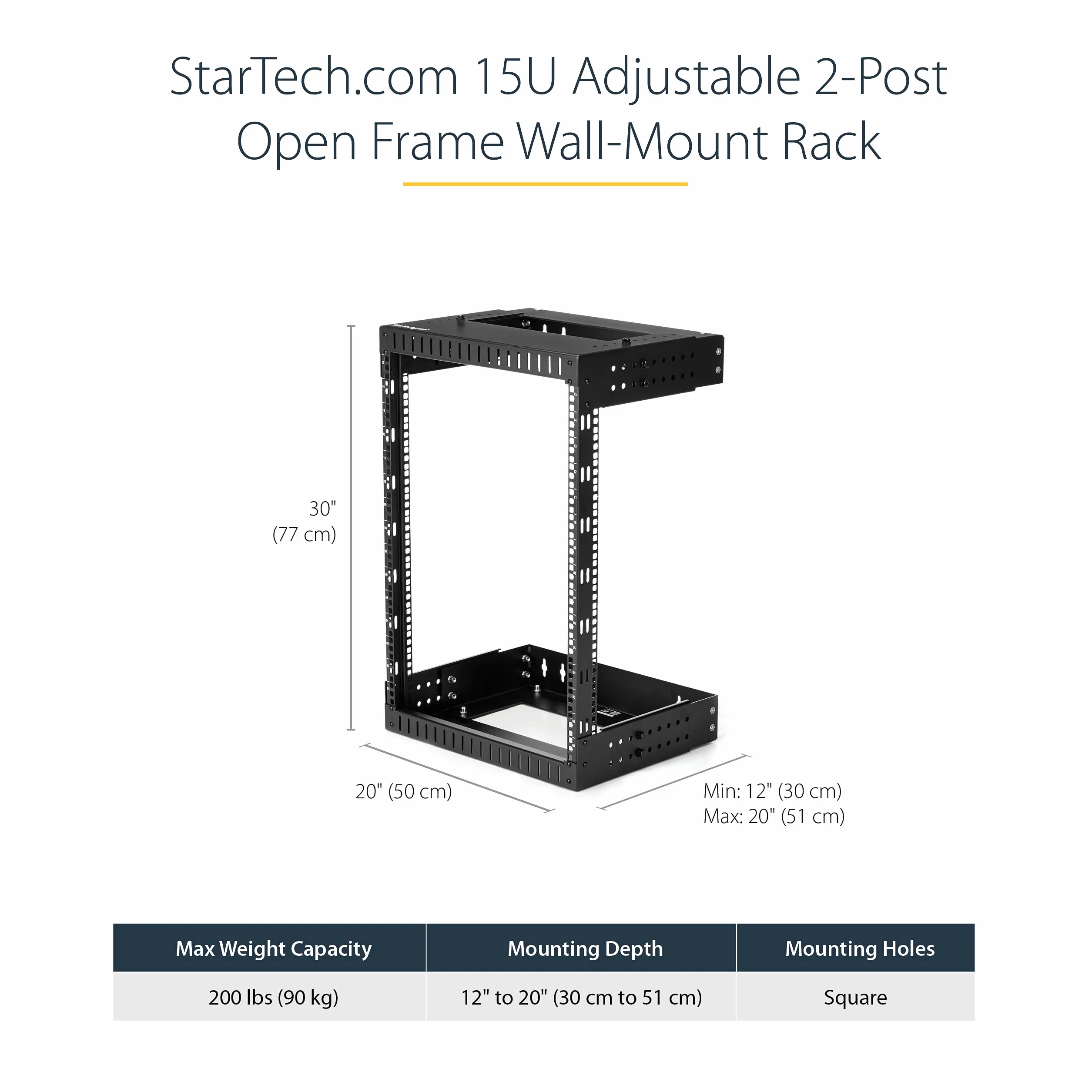 StarTech.com Rack Mural 15U 2 Montants 19" Cadre Ouvert Profondeur Ajustable RK15WALLOA