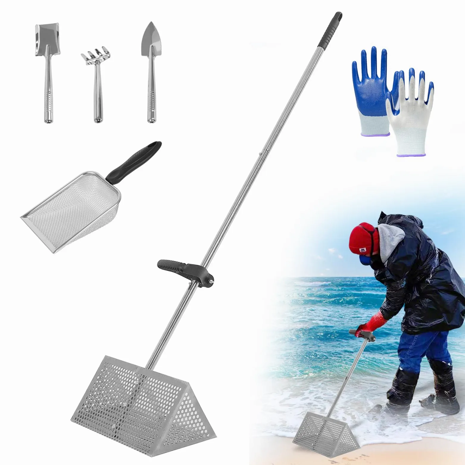 Râteau à puces de sable amovible à long manche pour plage à dents tranchantes - Panier large - Attrape-puces de sable en acier inoxydable - Attrape-crabes de sable pour les voyages