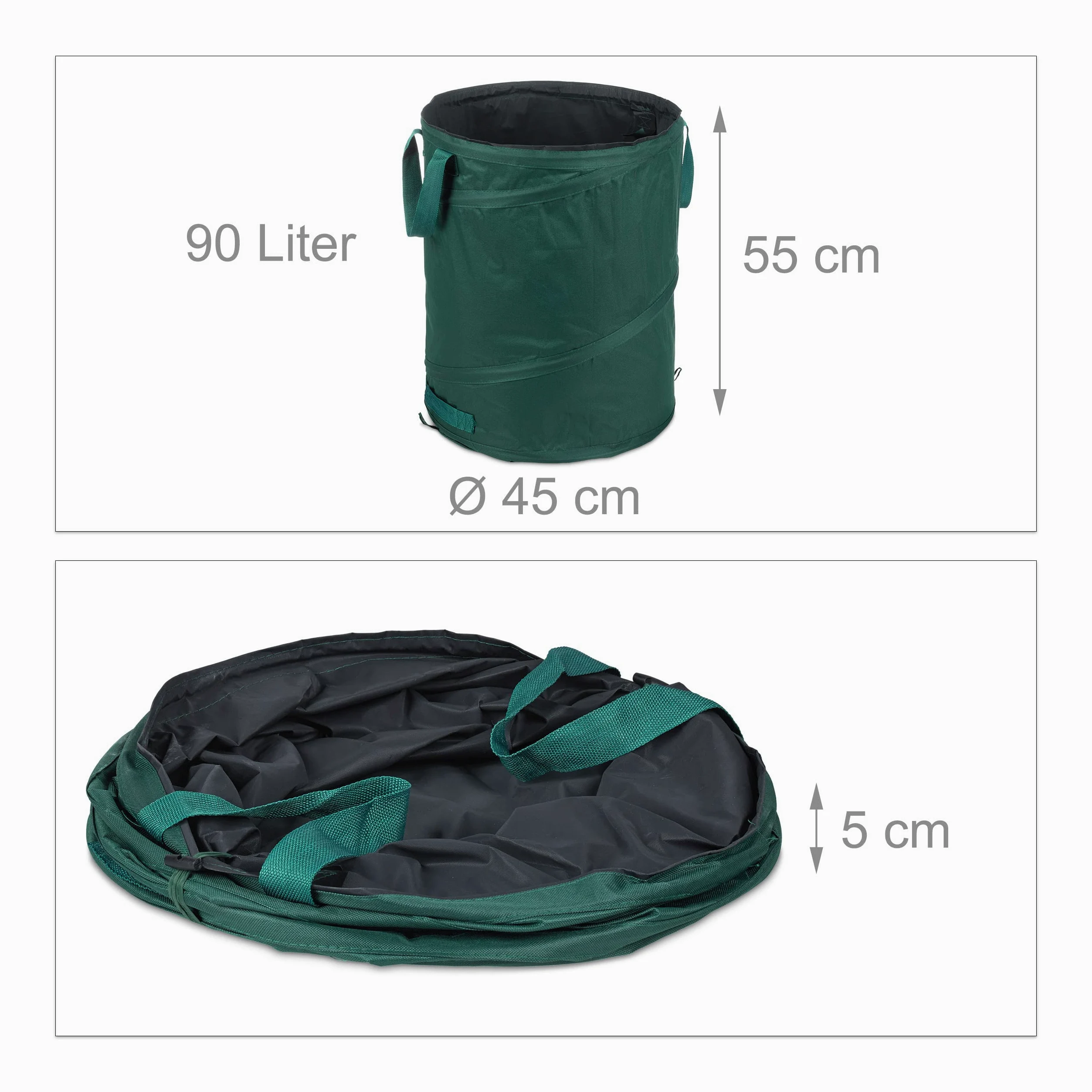 Relaxdays Sacs à déchets de Jardin autoportants, Lot de 3, 90 L, 3 poignées, Poubelle, résistant aux UV, étanche, Vert
