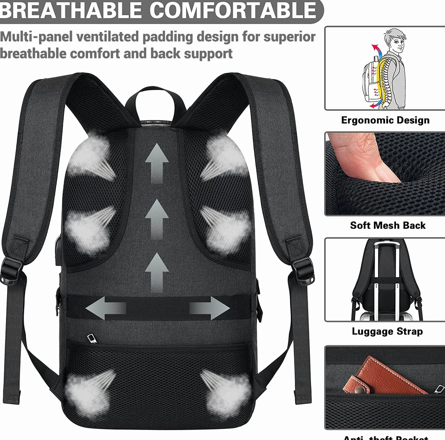 AMBOR Sac à Dos Ordinateur Portable 17.3 Pouces Imperméable avec USB Charging Port Noir