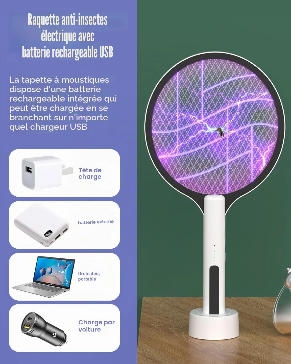 DEEZEE Raquette à mouches électrique 4500V rechargeable 2 en 1 portable tueur de moustiques violet 3 couches de sécurité