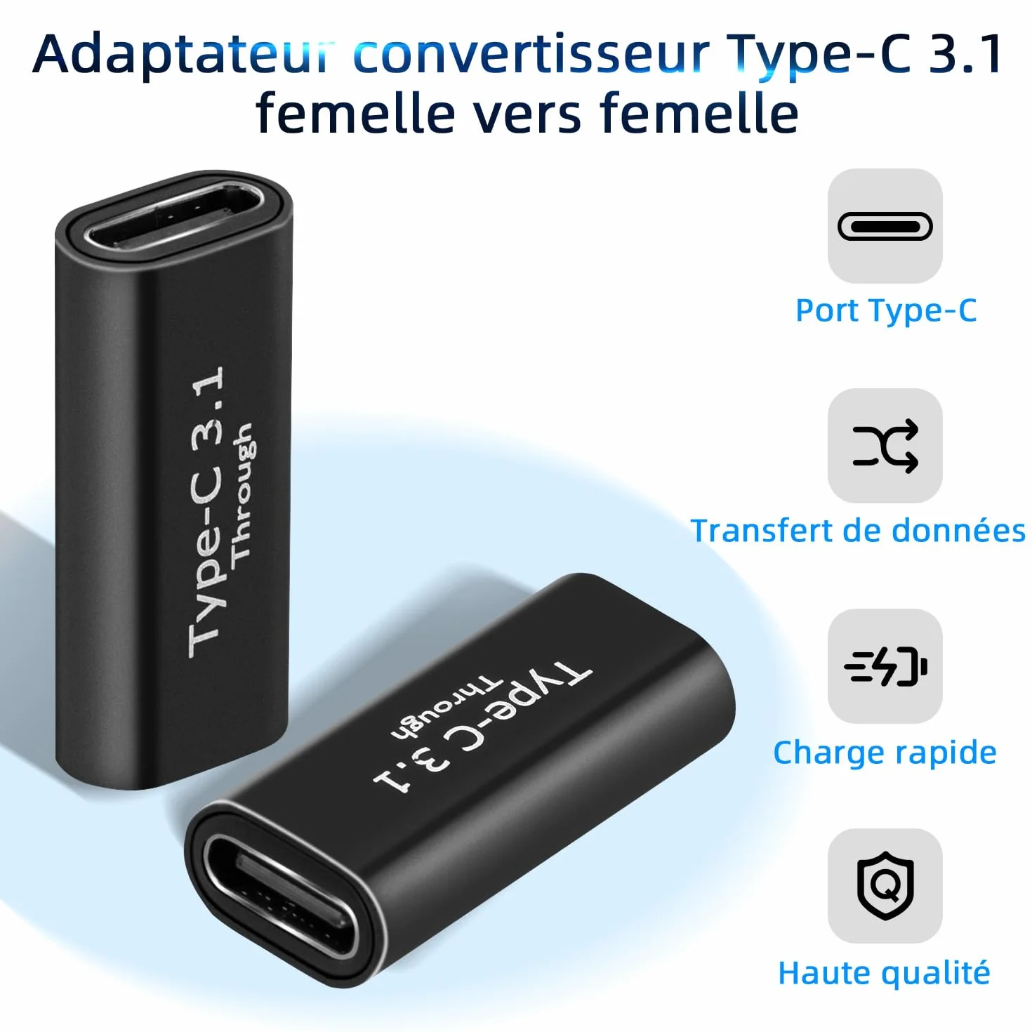 Adaptateur USB C femelle vers femelle 2Pcs USB 3.1 10Gbps 4K Charge Rapide Transfert Données